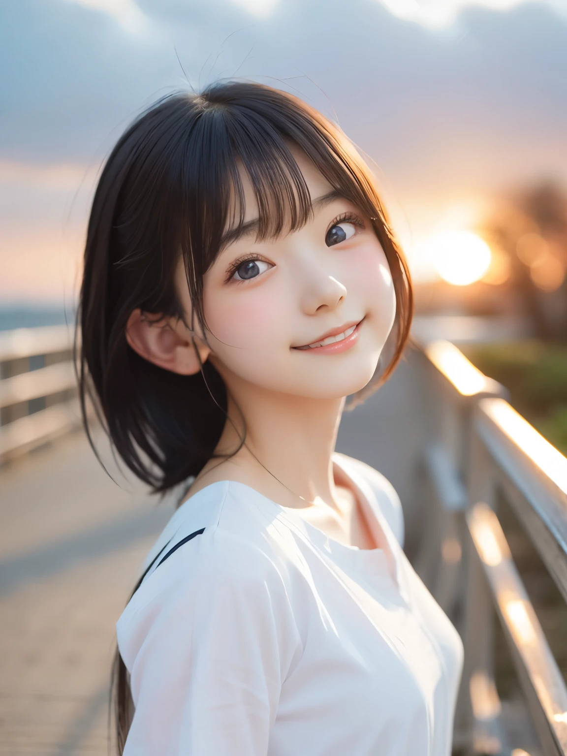 (Close up face shot of slender small-breasted two side up black medium hair with bangs girl wearing a white T-shirt only:1.5)、(One girl is looking back and lonely little smile with tears on the coast in Japan:1.5)、(Beautiful after sunset red sky with red big cloud:1.5)、(blurred background:1.5)、(Natural light:1.5)、(8k ultra detailed master piece:1.5)、(perfect anatomy:1.5)、(Photorealistic stick:1.5)、(Raw photo:1.3)、(highest quality:1.5)、(High resolution:1.3)、(Delicate and beautiful perfect face:1.3)、(Delicate and beautiful eye air skin:1.3)、(Real Human Skin:1.3)、((thin legs))