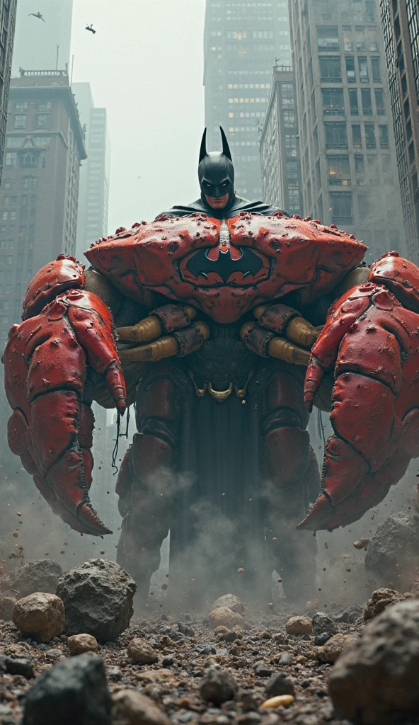giant crab, batman, destroying buildings, incredible photography, 8k, Do crab have the Batman costume