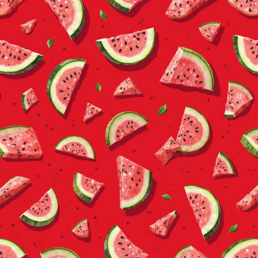 A seamless pattern of watermelon slices in various sizes, scattered on a vibrant dark red solid background."