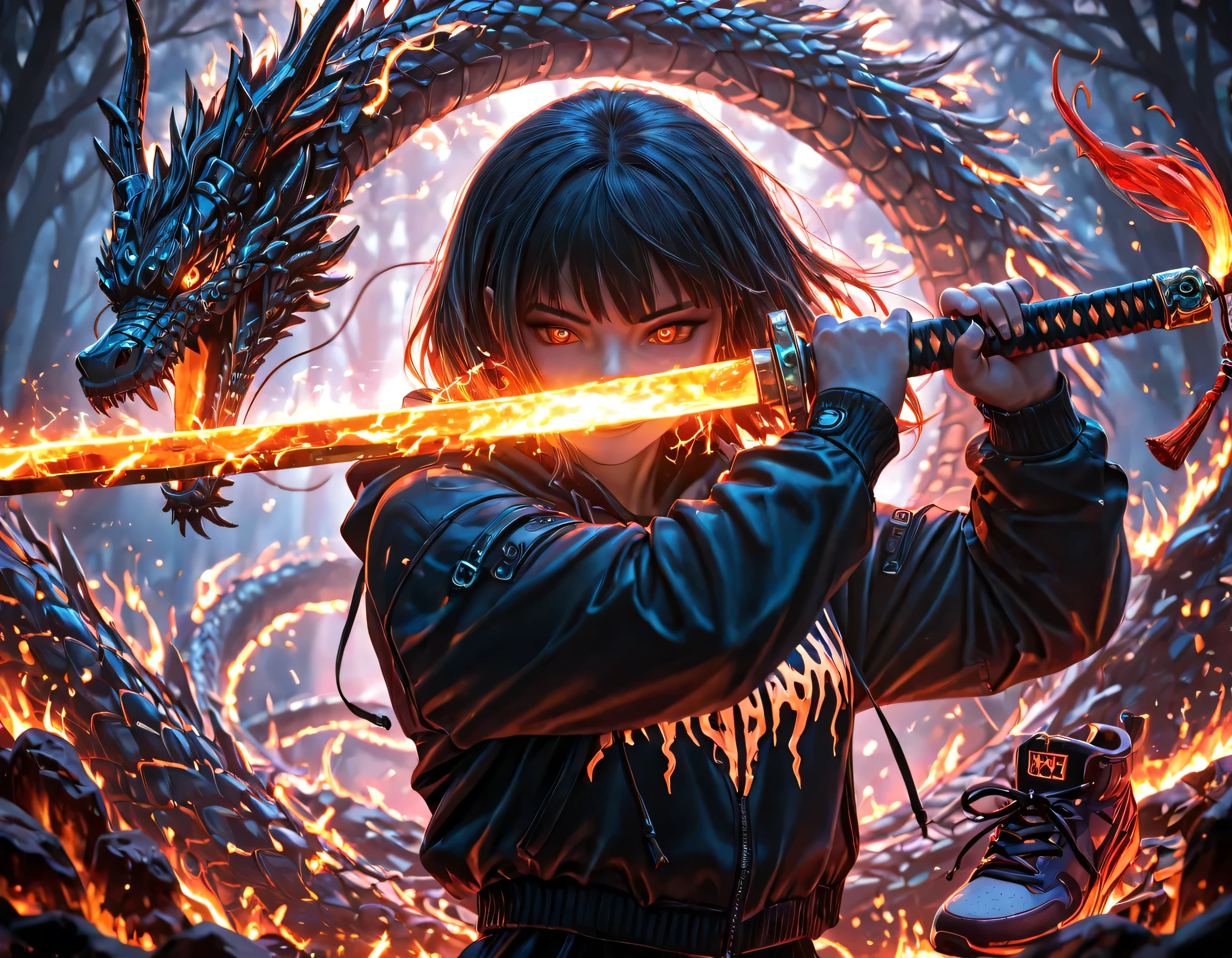 1girl, stylish sneakers, stylish streetwear, intricate katana, shaman, (Depiction Wood dragon), elegant pose, detailed facial features, dramatic lighting, fantasy forest background, glowing magical energy, vibrant color palette, cinematic composition, digital art, 8K, HDR, ultra-detailed, photorealistic,(detailed face and eyes), upper body, close shot, smile, fighting pose,