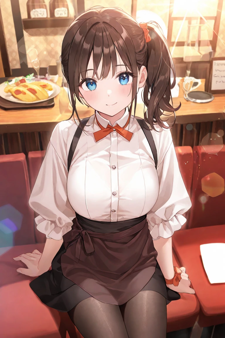 indoors、restaurant、 girl、Dark brown hair、side ponytail、Waitress、 blue eyes、model body type、black tights、(Lens Flare:1.5),best image quality,