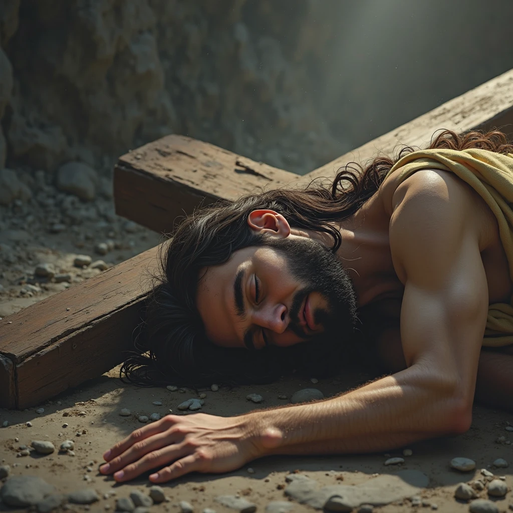 A scene in the painting style of Jan Matejko, depicting the bloody body of Jesus lying on his back and placed in a grave. placed in the grave. His muscular body is partially covered with a white shroud, and there are traces of whipping and torture on his body. The bloody wounds of crucifixion are visible on the hands and feet. Visible wound on the left side of the chest. The background is the interior of a stone cave serving as a tomb, whose dark interior is illuminated by mysterious light creating an interesting chiaroscuro.