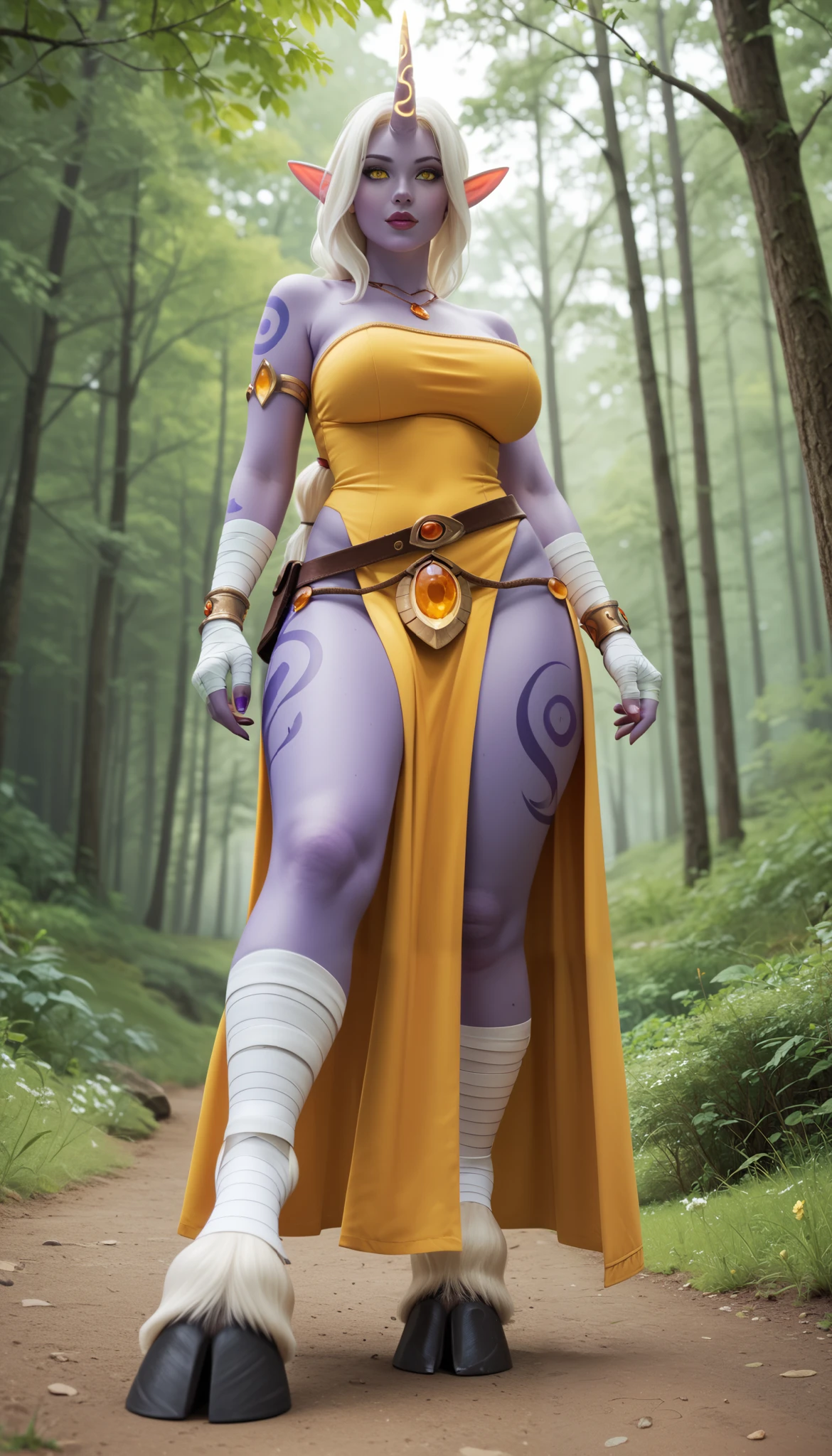 SorakaLoLXLv2, purple skin, colored skin, white hair, long hair, low-tied long hair, sidelocks, yellow eyes, pointy ears, single horn, tattoo, large breasts, bare shoulder, yellow jewel, red cropped torso, yellow dress, armlet, bandaged arms, belt, bandaged legs, goat hooves, forest, tree, mature, sexy, sexy pose, hooves stomp, pov foot stomp, she has goat hooves, foreshortening, view from below, footstomp