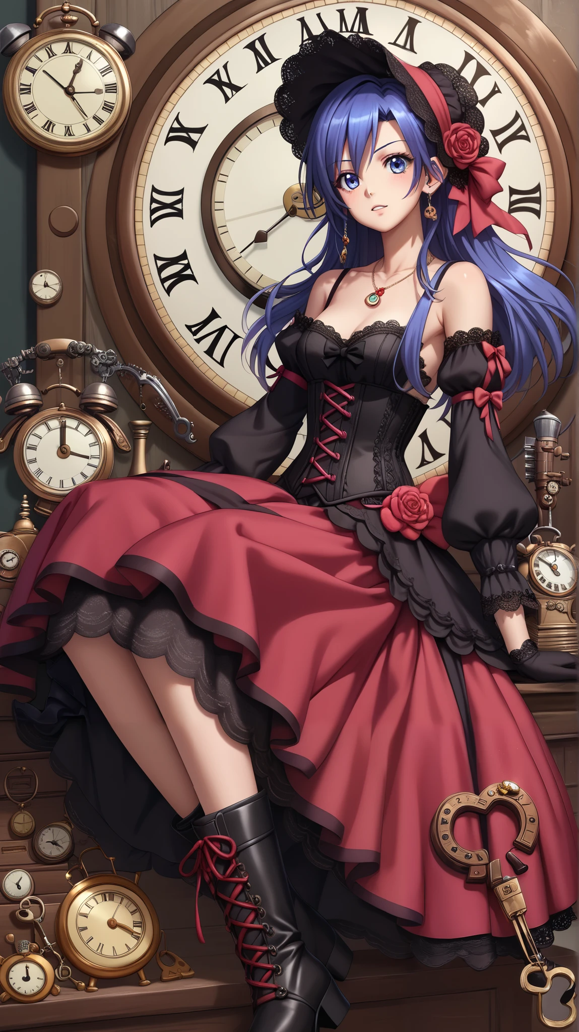 1 girl, kazanari_tsubasa, (antique lace dress with puffed sleeves and clock gear embroidery:1.3), (Bronze corset with exposed clockwork parts and winding key detail at the back:1.2),(Black lace gloves with bronze gears and clock),(ankle boots with bronze buckles and clock gears:1.2),(Small black lace bonnet with a miniature clock face and key-shaped pins),(necklace with a watch pendant:1.1)
