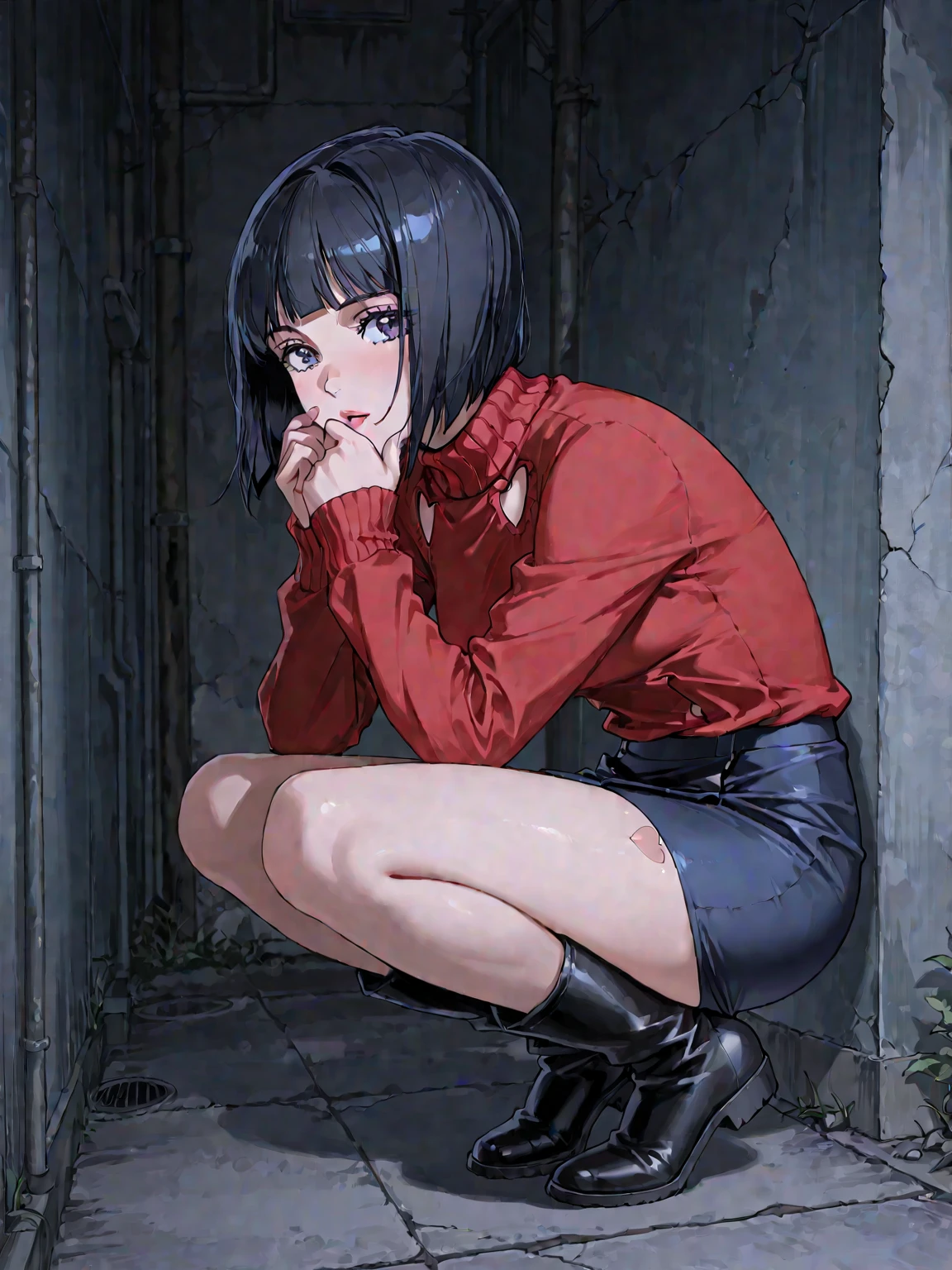 looking at viewer,
solo,
YorForger,1girl,black hair,red eyes,short hair with long locks,
white hairband,
off shoulder,red sweater,
black pantyhose,
boots,
sitting,
