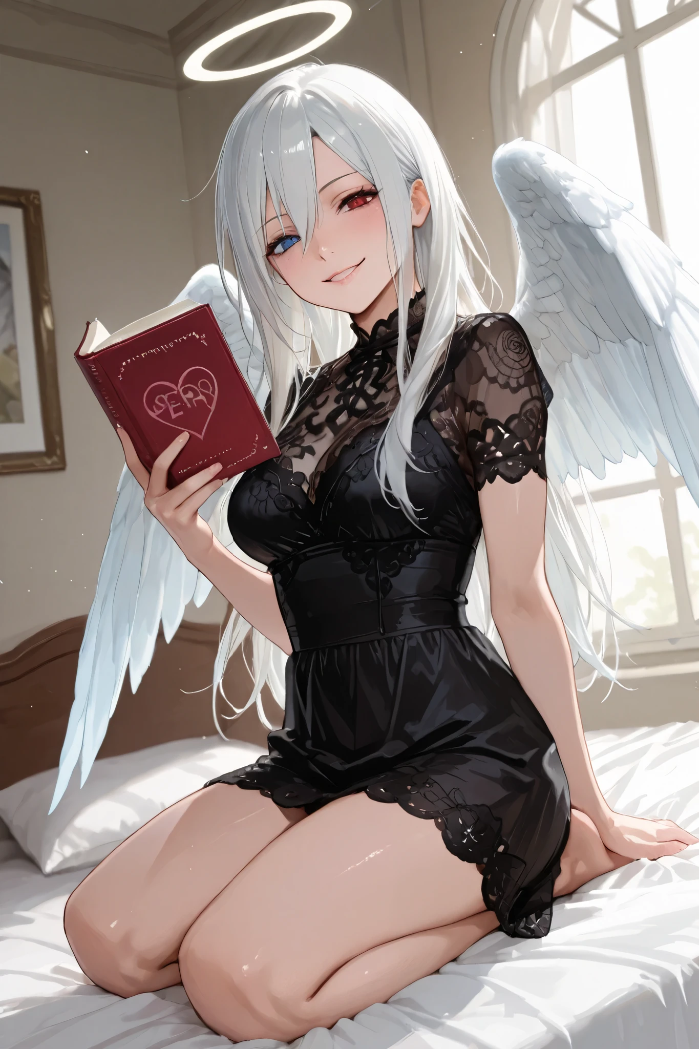 1girl ,seductive smile、White heart mark. A book with a white heart mark.、A book with the letter "♡" embossed on the cove、 holding a book with both hands。seiza、((focus on book)),A little devilish fallen angel is trying to sell sex books.Woman sitting on bed.、 Comical scene,Angel。cowboy shot, man's room。woman holding a book.、女性Angel。Lace pattern、Black One Piece Dress。Porn books。hand ,白いAngelの翼。Introducing the book。white angel wings.medium breasts.Woman looking at viewer while turning sideways.active angle。interior。heterochromia。Putting up a book。堕Angel。on the bed。Woman sitting on bed.Looking sideways at viewers。