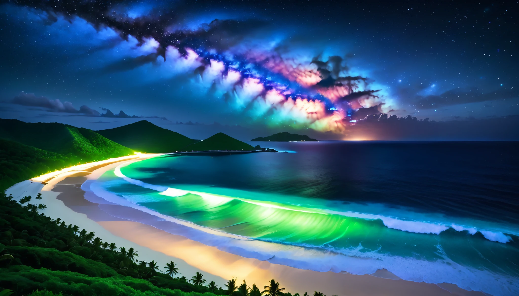 超high image quality during sick leave,high image quality during sick leave,high quality,Spectacular views at night,Tropical Beach, light green to bright green ,The ocean breeze is blowing,blue fluorescent beaches expand spectacular ocean views,Blue light shines on big waves, very mysterious and beautiful ,Glowing Waves , night light appears on waves , emits ,Biofluorescence,Various microorganisms are the light source, that shines steadily , shows all kinds of light ,Glows from blue to bright blue-green、 fiery red , Ndulu Island also has 、There are also dark purple and orange single-light beaches, Maldives,The shining Milky Way Galaxy is clearly visible in the sky,