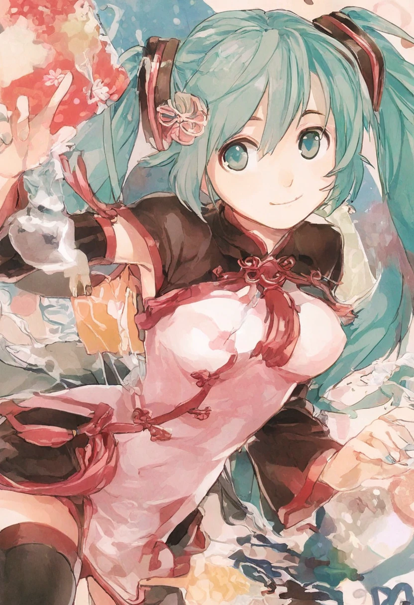 ( masterpiece、 top quality、 top quality、Official Art、 beautiful and beautiful :1.2)、(one girl:1.3) Hatsune Miku、twin tails, beautiful breasts,(masterpiece,top quality,best quality,Official Art,Beauty and aesthetics:1.2),(1 pc Giant Breasted Girl:1.3), is very detailed,(Fractal Art:1.1),(One color :1.1)(Flowers Bloom:1.3), most detailed,( [ " tangled :1.2), (dynamic pose across the camera), (abstract background:1.3), (Chinese traditional cloth:1.2), ( GLOSY GLOSY SKIN ), ( Lots of Colors :1.4), ,(耳Nipple Ring:1.4),(Decorative painting:1.6,), Illuminations,Ink and watercolor,ink,water ink,02