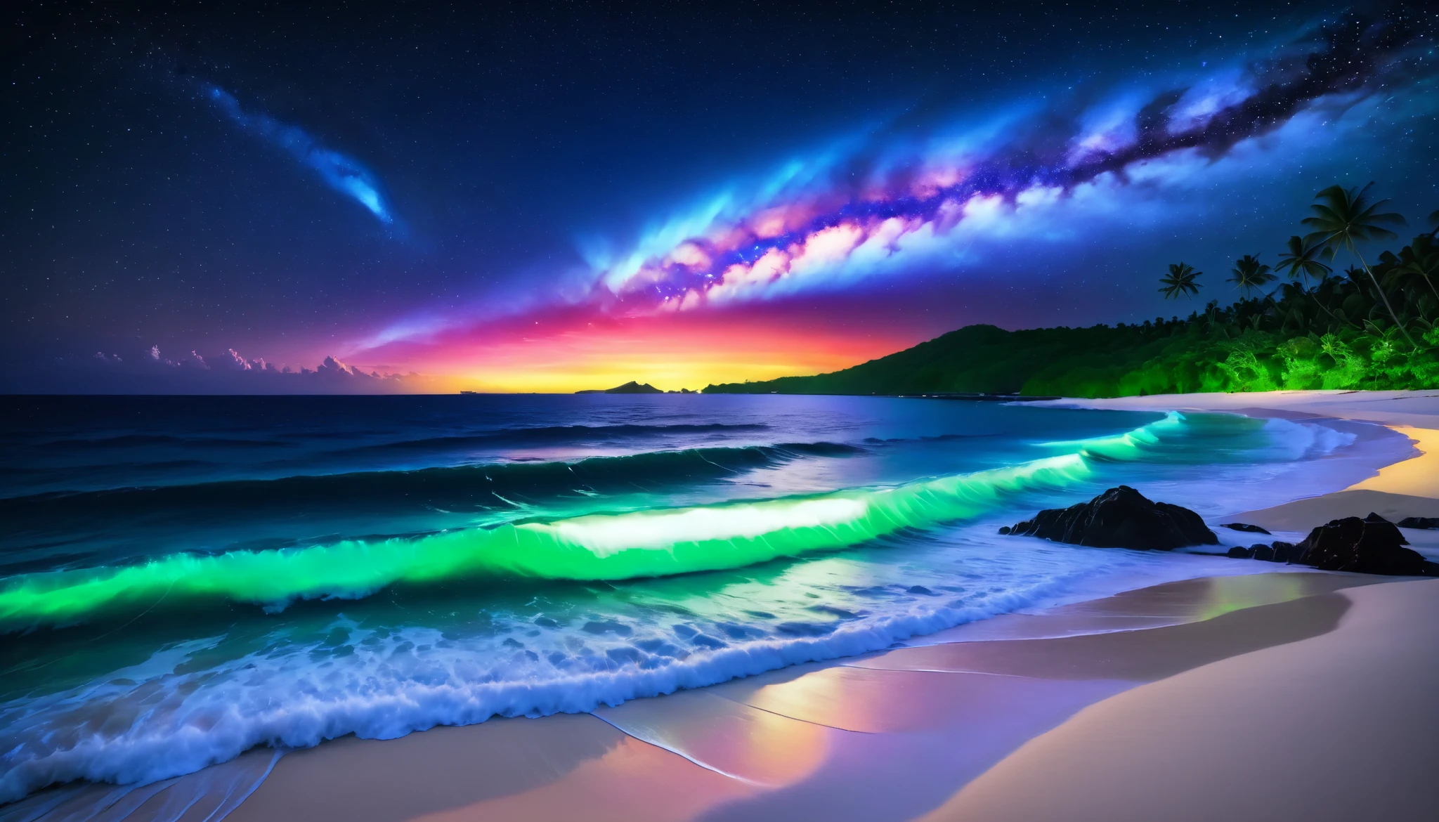 超high image quality during sick leave,high image quality during sick leave,high quality,Spectacular views at night,Tropical Beach, light green to bright green ,The ocean breeze is blowing,blue fluorescent beaches expand spectacular ocean views,Blue light shines on big waves, very mysterious and beautiful ,Glowing Waves , night light appears on waves , emits ,Biofluorescence,Various microorganisms are the light source, that shines steadily , shows all kinds of light ,Glows from blue to bright blue-green、 fiery red , Ndulu Island also has 、There are also dark purple and orange single-light beaches, Maldives,The shining Milky Way Galaxy is clearly visible in the sky,