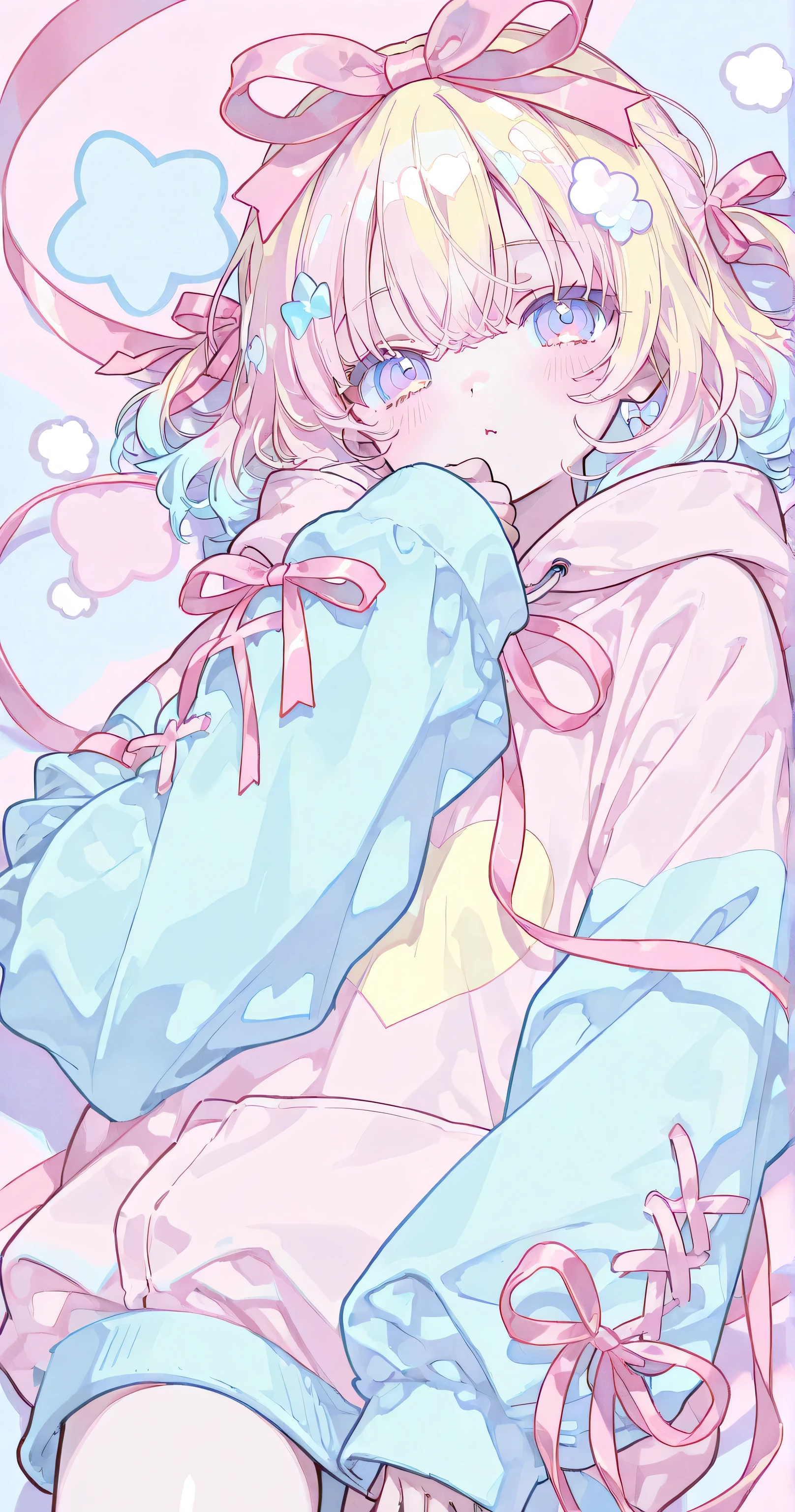 Pastel colors clothes, oversized hoodie, ((pink ribbon on sleeves:1.2)), kawaii, big ribbon