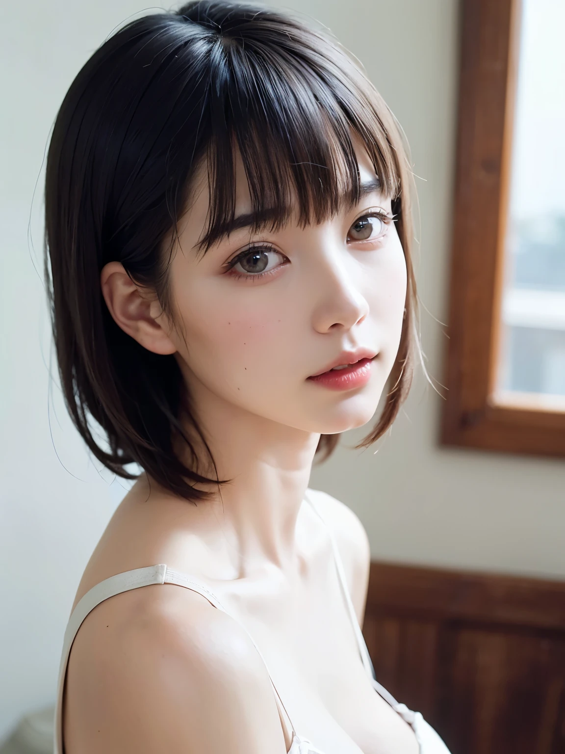 1 girl、highest quality、Realistic、alone、Written boundary depth、Natural soft light、Daytime、charm、Beautiful Face、Cleanliness、Pure Face、White skin、cute、Bob Hair、short hair、bright hazel eyes:1.6、Beautiful Lips、美しいLong neck、Beautiful décolletage、bangs、Beach、Light of the sun、Nedium Breast Body Esbian、((黄金比のBeautiful Face、 対称性のあるBeautiful Face、Dutch Angle Shot、Elevation))、Long neck、Show me your ears、Stick out your ears。bangsのあるきれいな短いBob Hair、smile with your mouth closed、Perfect hands指、Perfect hands、Perfect body、Perfect Face、Shine a light into your eyes、Perfect Anatomy:1.6、とてもcuteスーパーモデル:1.6、{Huge|big|Hugeな|Mega} chest, chestの谷間、smile:1.6、Very beautiful teeth:1.6