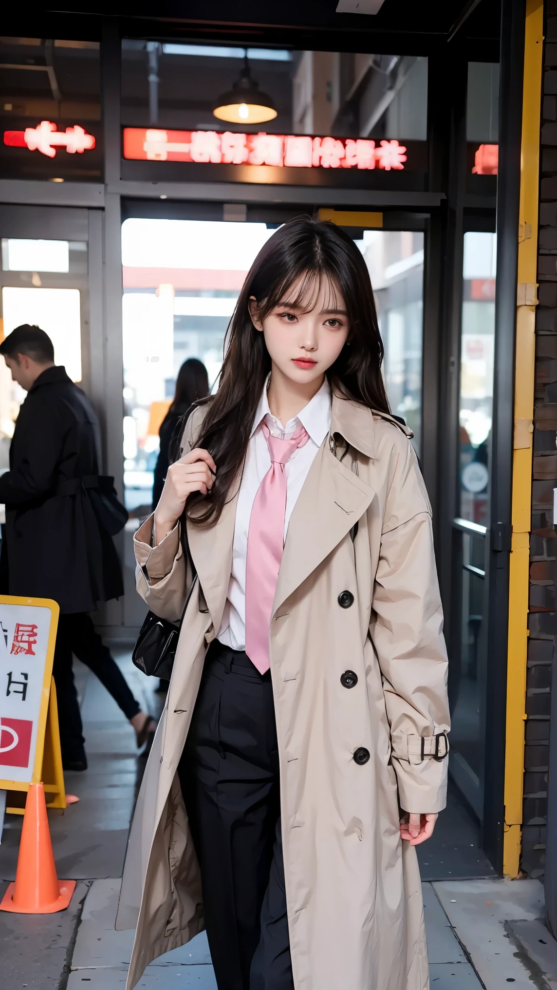 Stand up the collar of the coat、trench coat、woman、long hair、Strong winds、Hold your hair in your hands、 black hair、adults、Close one eye、Beige coat、On the way to work、shirt、 pink tie 、 I'm wearing slacks