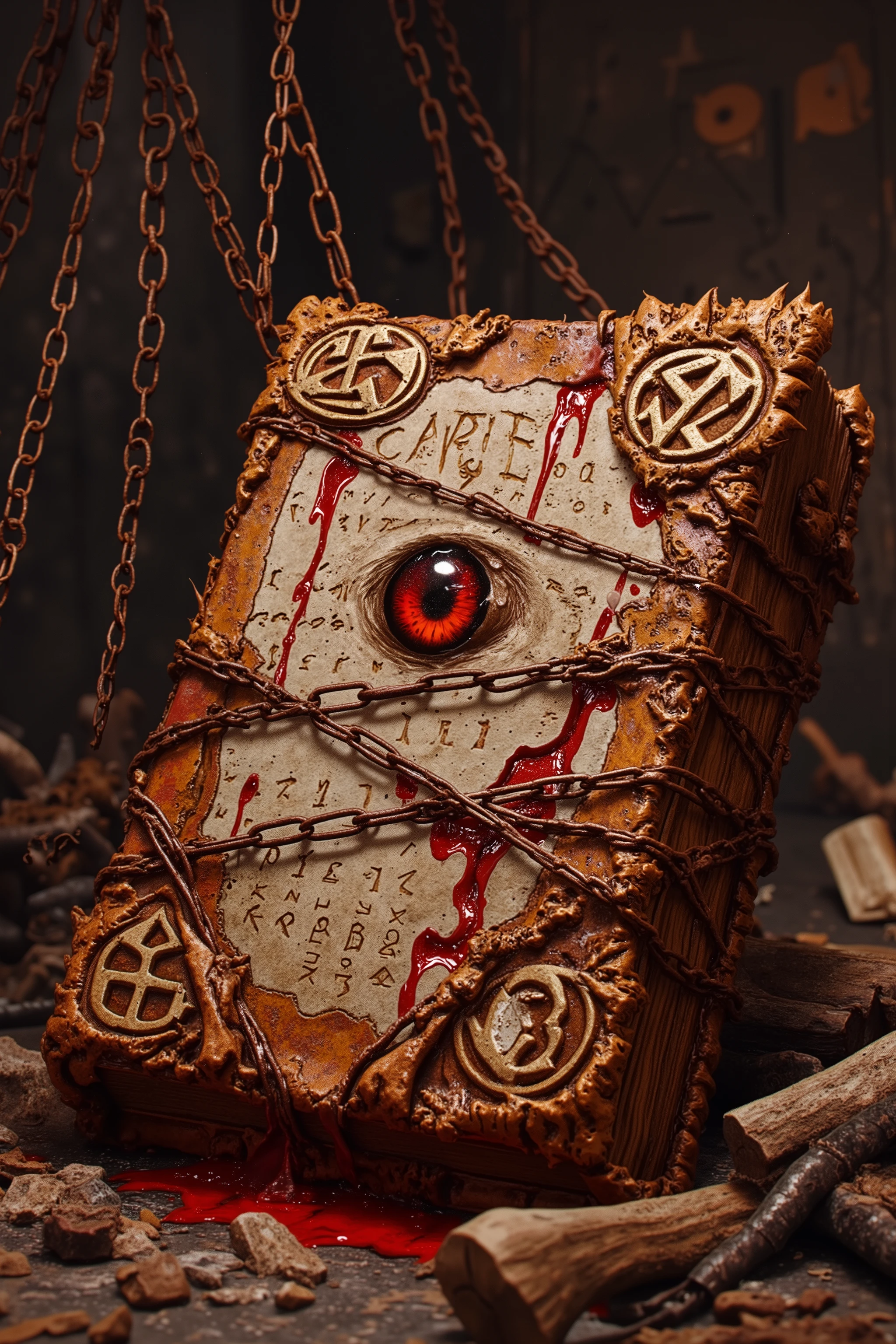 A high-quality, ultra-detailed digital rendering of a forbidden book tightly bound in ancient, rusted chains. The book's grotesque cover is made of decayed, cracked flesh-like material, appearing stitched together with dark, aged thread. A single, oversized eye is embedded in the center of the cover, eerie and lifelike, with a bloodshot sclera, a glowing, sinister iris, and a sharply dilated pupil that seems to follow the viewer. Thick, red liquid seeps from the cover, dripping onto the surface below, pooling around the book’s edges. The pages inside appear soaked in the same ominous fluid, with streaks of crimson bleeding through the edges, making it seem as if the book itself is alive.
Heavy, rusted chains wrap tightly around the book, crisscrossing its surface and sealing it shut. The chains appear ancient and corroded, yet they pulsate with an eerie glow as arcane runes carved into the metal flicker with a supernatural light. The chains strain against an unseen force, as if struggling to contain the book’s dark power. The spine is reinforced with jagged bone fragments, and faint arcane symbols are burned into the leathery skin of the cover. Shadows seem to shift unnaturally around the book, adding to its ominous presence. The hyper-realistic shading, intricate texturing, and eerie lighting create an immersive horror aesthetic, making this book appear cursed and forbidden. Created using ultra-realistic digital painting techniques, fine line work, 8K quality rendering, and advanced horror-themed shading.
