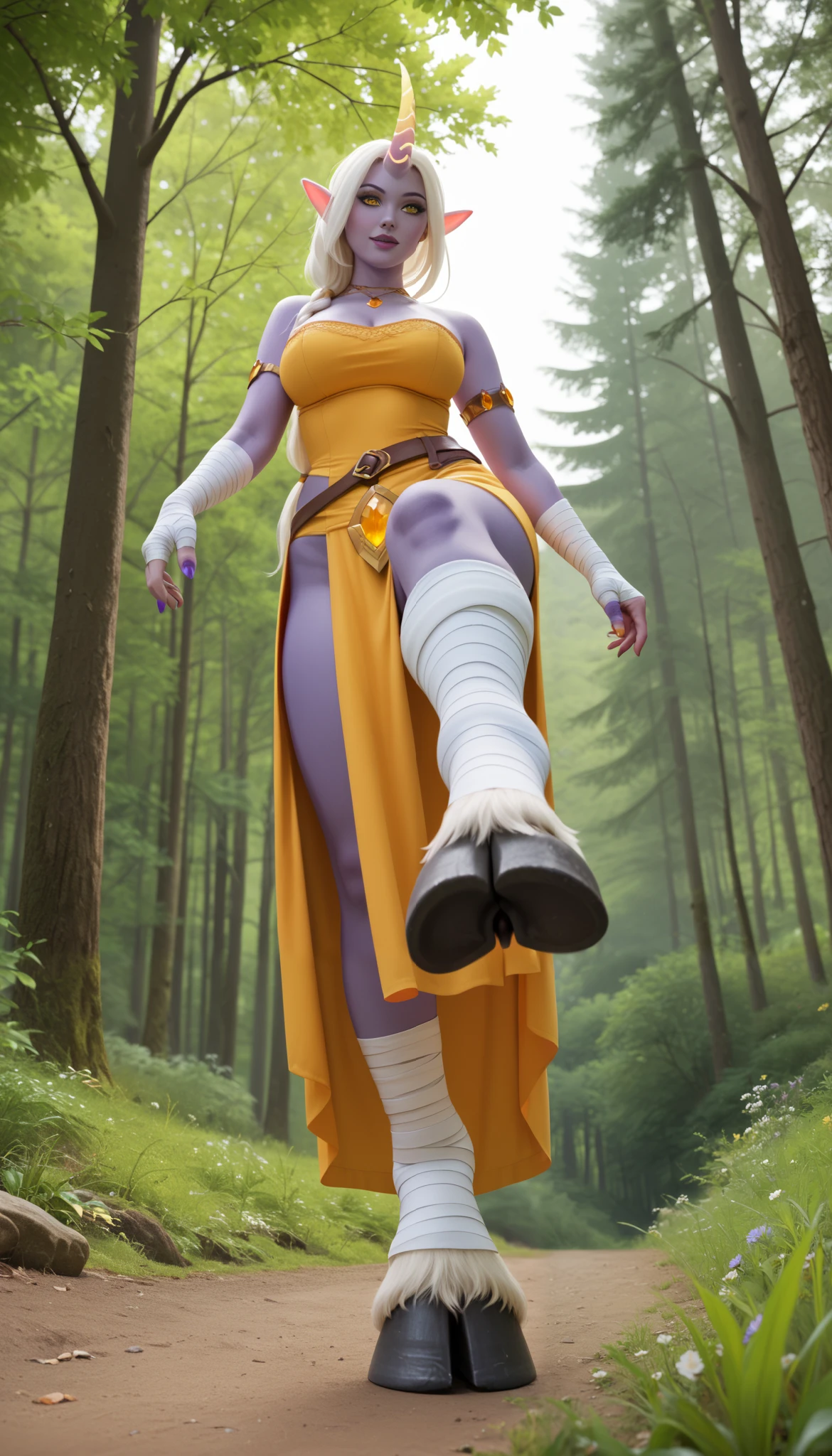 SorakaLoLXLv2, purple skin, colored skin, white hair, long hair, low-tied long hair, sidelocks, yellow eyes, pointy ears, single horn, tattoo, large breasts, bare shoulder, yellow jewel, red cropped torso, yellow dress, armlet, bandaged arms, belt, bandaged legs, goat hooves, forest, tree, mature, sexy, sexy pose, hooves stomp, pov foot stomp, she has goat hooves, foreshortening, view from below, footstomp, footstomp with her hoov, one-leg stand, foot focus