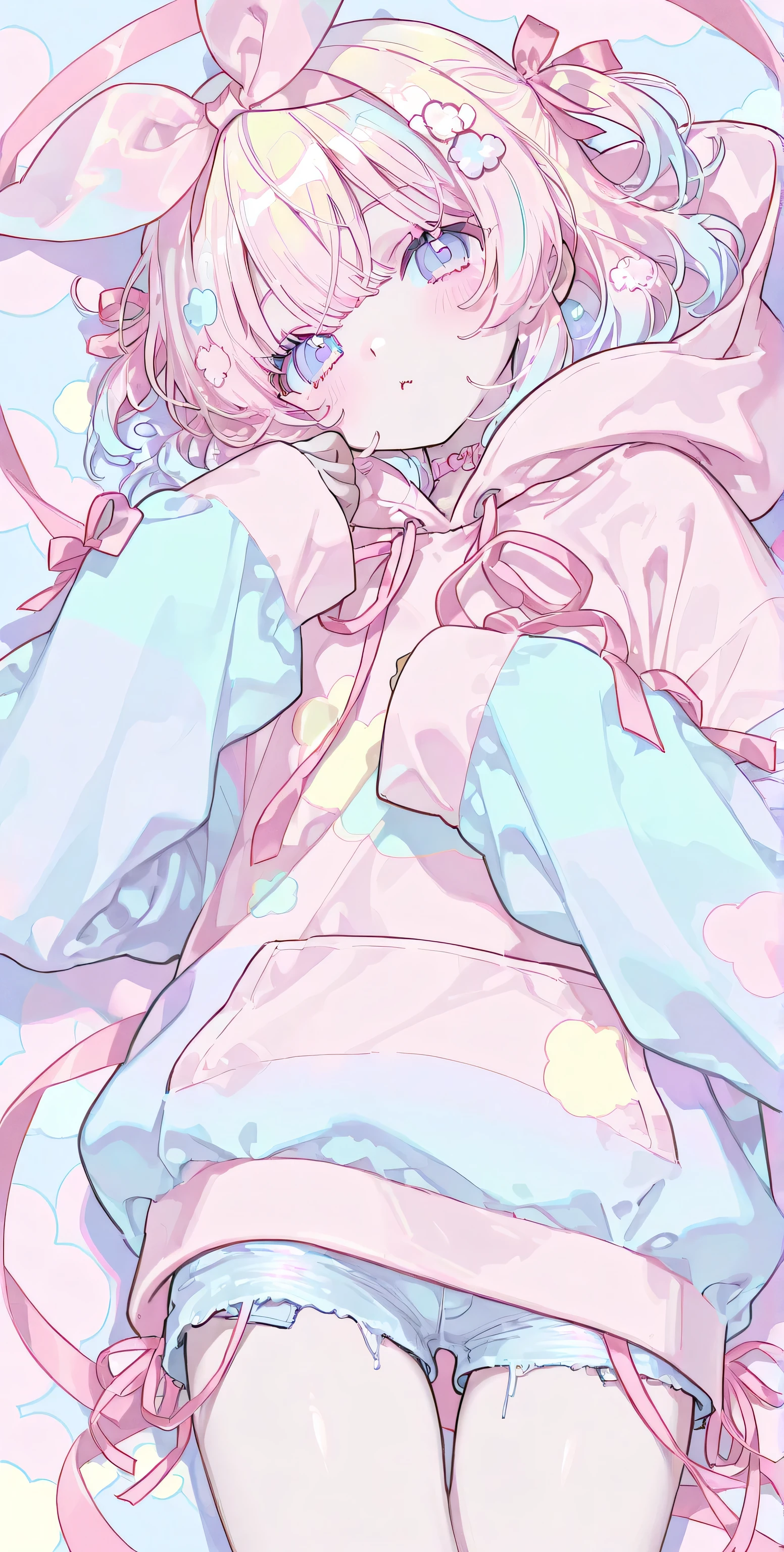 Pastel colors clothes, oversized hoodie, ((pink ribbon on sleeves:1.2)), kawaii, big ribbon, short pants