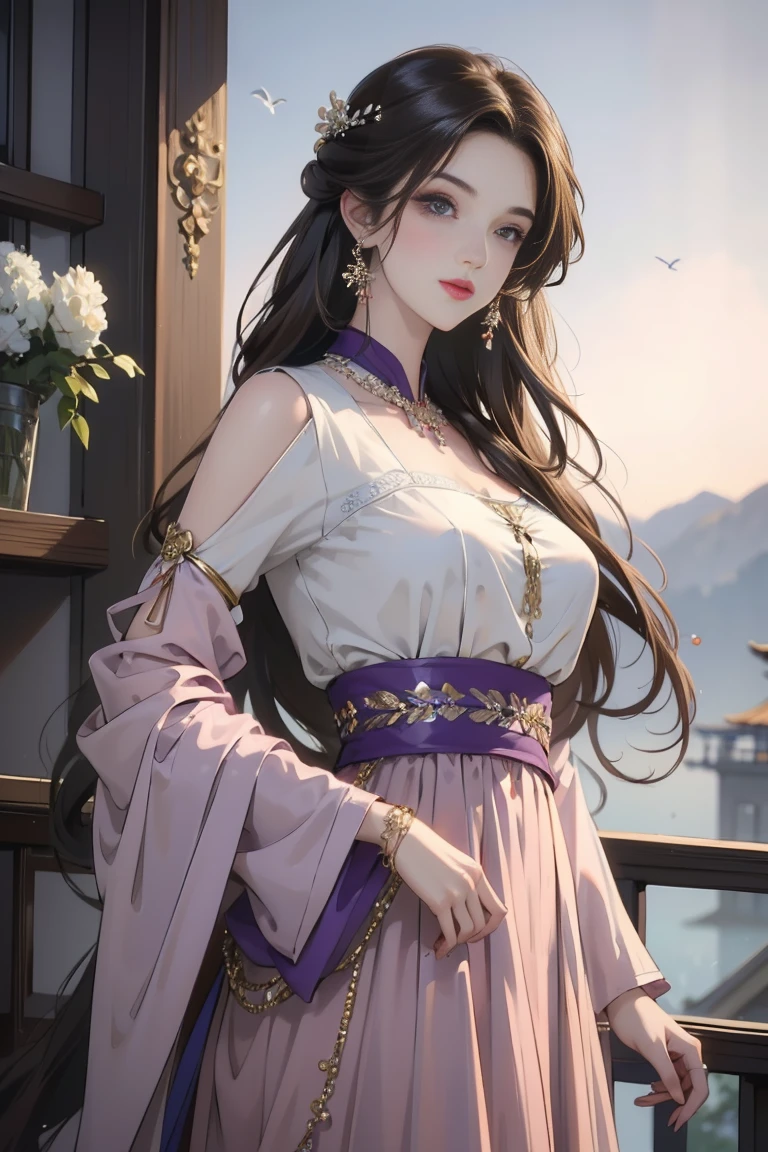 The original，（Implications：1.1），（Best quality），（masterpiece：1.1），（Extremely detailed CG Unity 8K wallpaper），（One color：1.2），1 Plum Blossom God，welcome，Break，Costume，Best quality，Extremely fine jewelry，Plum blossom petals，landscape，Rios|purely，