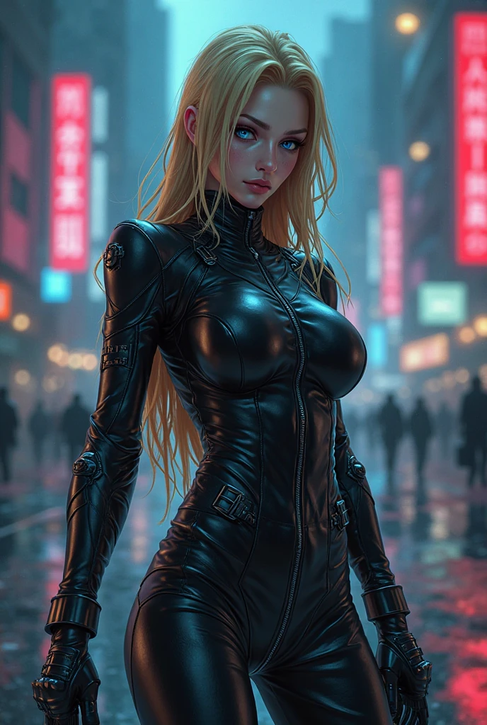 ((Scarjo)), Modern simulation,cyberpunk-style environment wide angle shooting,Nighttime chaotic arcade shots; A woman in street clothes;Sci-fi, 3D. Environmental arcade art.,cyber punk perssonage,Firearms, gigantic breasts, slender abs, detailed face, beautiful, ((puffy lips)), big eyes, bodysuit, thigh highs, straps, ((3d render)), shiny skin, latex, intricacies, perfect body, masterpiece, HD, long hair, ponytail, long hair bangs, ((cleavage cutout)),