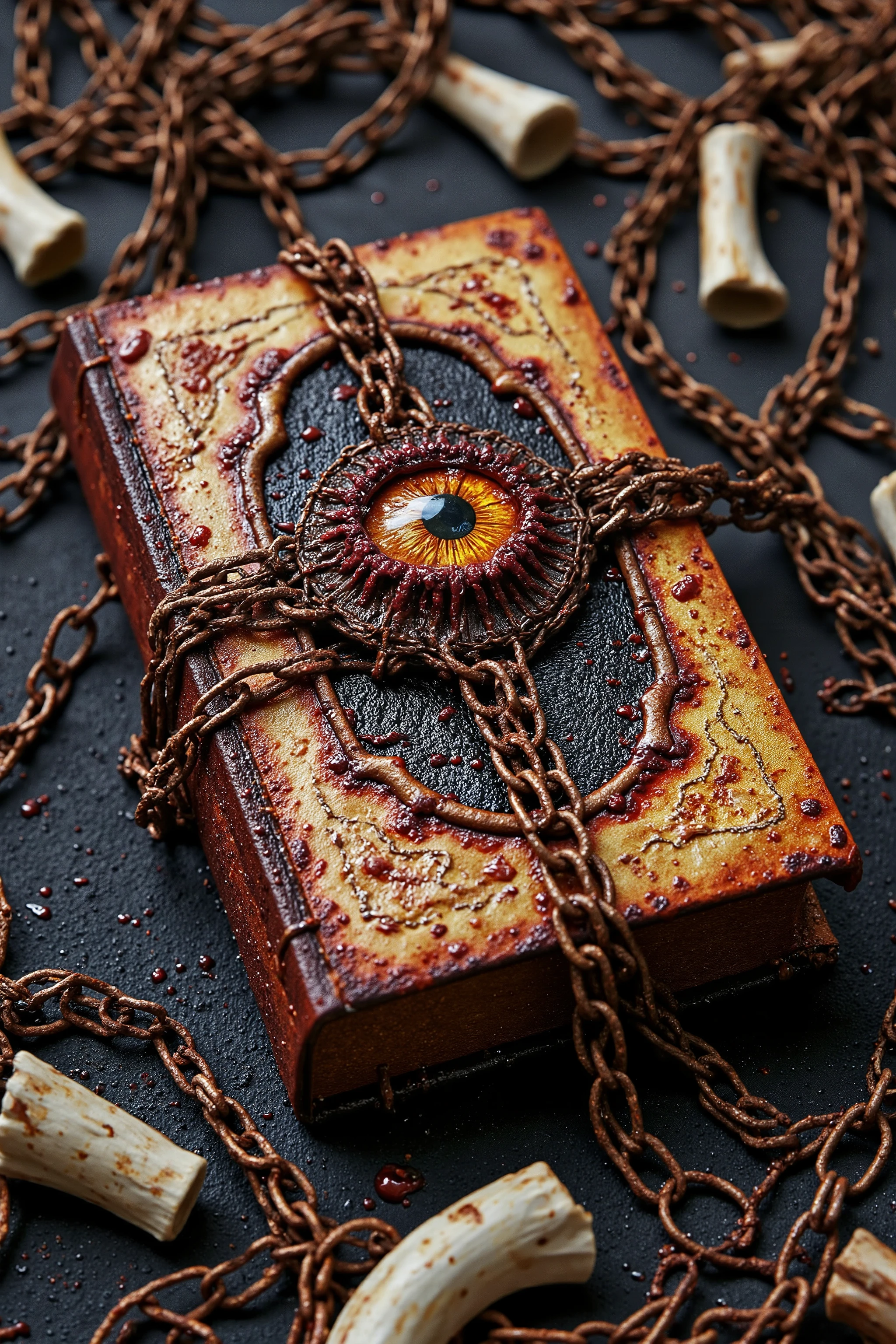 A high-quality, ultra-detailed digital rendering of a forbidden book tightly bound in ancient, rusted chains. The book's grotesque cover is made of decayed, cracked flesh-like material, appearing stitched together with dark, aged thread. A single, oversized eye is embedded in the center of the cover, eerie and lifelike, with a bloodshot sclera, a glowing, sinister iris, and a sharply dilated pupil that seems to follow the viewer. Thick, red liquid seeps from the cover, dripping onto the surface below, pooling around the book’s edges. The pages inside appear soaked in the same ominous fluid, with streaks of crimson bleeding through the edges, making it seem as if the book itself is alive.
Heavy, rusted chains wrap tightly around the book, crisscrossing its surface and sealing it shut. The chains appear ancient and corroded, yet they pulsate with an eerie glow as arcane runes carved into the metal flicker with a supernatural light. The chains strain against an unseen force, as if struggling to contain the book’s dark power. The spine is reinforced with jagged bone fragments, and faint arcane symbols are burned into the leathery skin of the cover. Shadows seem to shift unnaturally around the book, adding to its ominous presence. The hyper-realistic shading, intricate texturing, and eerie lighting create an immersive horror aesthetic, making this book appear cursed and forbidden. Created using ultra-realistic digital painting techniques, fine line work, 8K quality rendering, and advanced horror-themed shading.