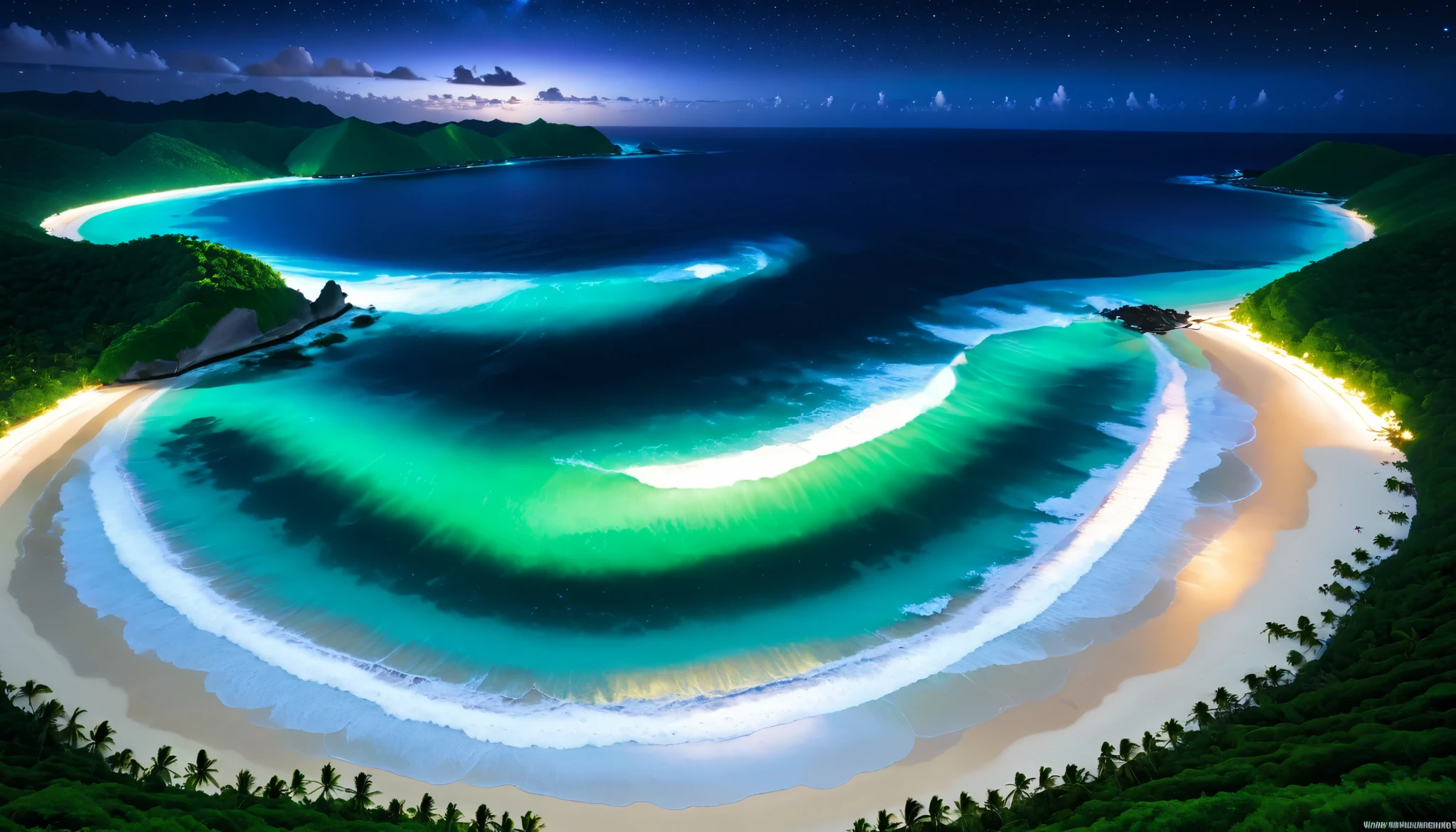 超high image quality during sick leave,high image quality during sick leave,high quality,Spectacular views at night,Tropical Beach, light green to bright green ,The ocean breeze is blowing,blue fluorescent beaches expand spectacular ocean views,Blue light shines on big waves, very mysterious and beautiful ,Glowing Waves , night light appears on waves , emits ,Biofluorescence,Various microorganisms are the light source, that shines steadily , shows all kinds of light ,Glows from blue to bright blue-green、 fiery red , Ndulu Island also has 、There are also dark purple and orange single-light beaches, Maldives,The shining Milky Way Galaxy is clearly visible in the sky,