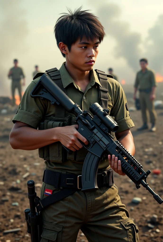 Arafard soldiers in camouflage uniforms holding rifles,with headphones on, with rifle, kim jung gi style, inspired by Kim Hwan-gi, yanjun cheng, kim jung gi, inspired by Oka Yasutomo, inspired by Yasutomo Oka, kim jung gi, Elon Musk(Elon Musk)Play as a soldier, xiaofan zhang, jung gi kim, Chen Zezhou