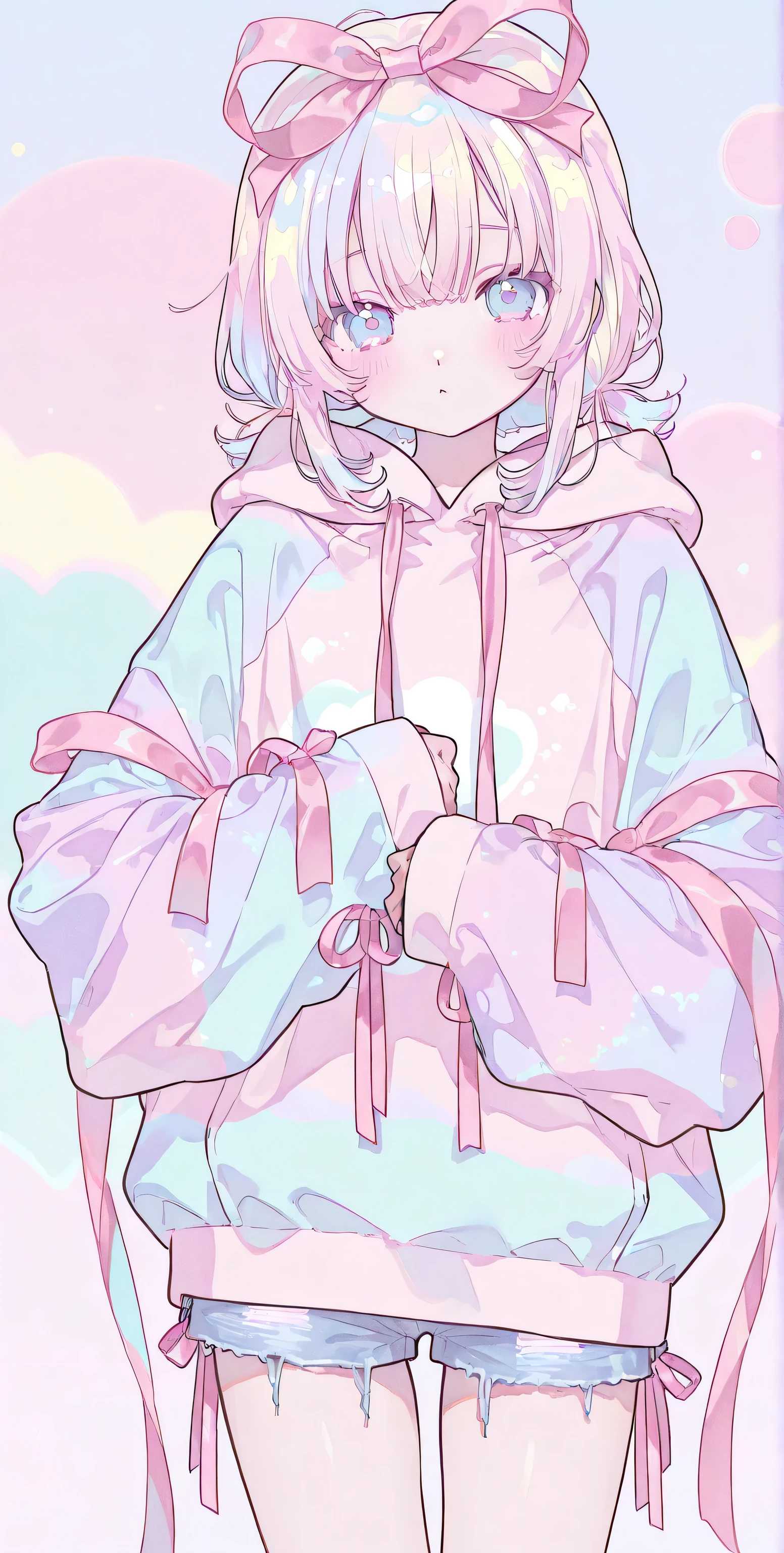 Pastel colors clothes, oversized hoodie, ((pink ribbon on sleeves:1.2)), kawaii, big ribbon, short pants, standing, Hold on to viewer's arms