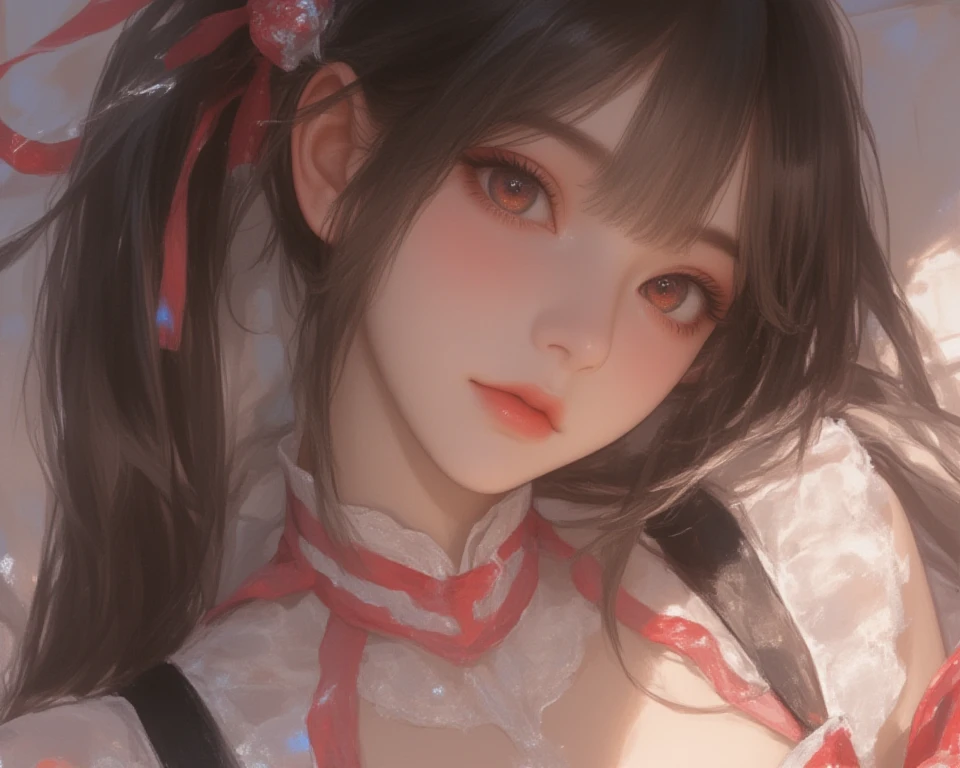 8K,tmasterpiece,highest quality,Black double ponytail,teens girl,Black lace pajamas,Black lace stockings,Stick out your tongue,frontage,full bodyesbian,Red lips,Air bangs,Delicate face,tall nose bridge,red pupils