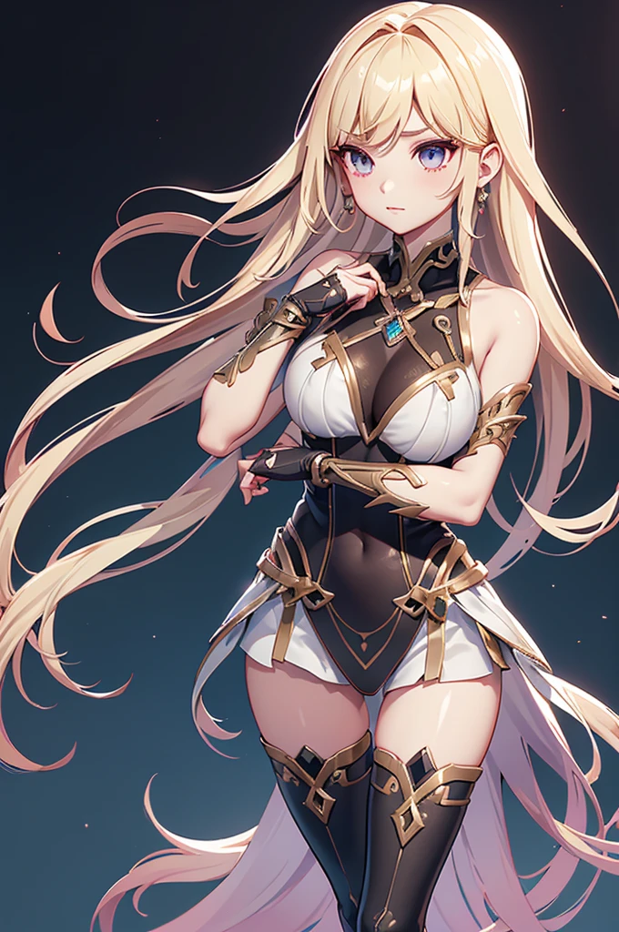 (masterpiece),(best quality),(ultra-detailed),(best illustration),(best shadow),(absurdres),(detailed background),(very aesthetic), 1girl, solo, long-hair, blonde-hair, armor, breasts, navel, boots, looking-at-viewer, cleavage, medium-breasts, armored-boots, midriff, bare-shoulders, simple-background, antenna-hair, high-heels, green-eyes, standing, hair-ornament, gauntlets, greaves, skirt, gloves, collarbone, blue-eyes, very-long-hair, aqua-eyes, high-heel-boots, floating-hair, smile elbow-gloves, ((golden armor)), ultra ornamental details, white details