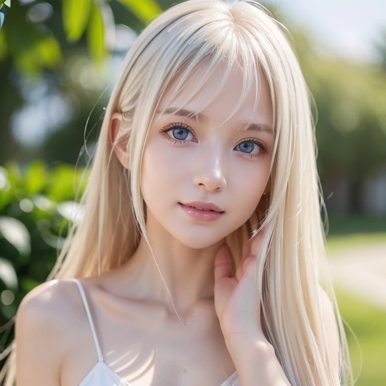 transparent white glossy skin、Windy hair gets in the way in front of your cute face、giant 、20 years old cute sexy little beautiful face、Shiny, beautiful straight hair、big, shining sky blue eyes、Long soft bangs that cover cute eyes, sexy face hiding hair super long hair sexy cute young woman long natural blonde shiny bright hair