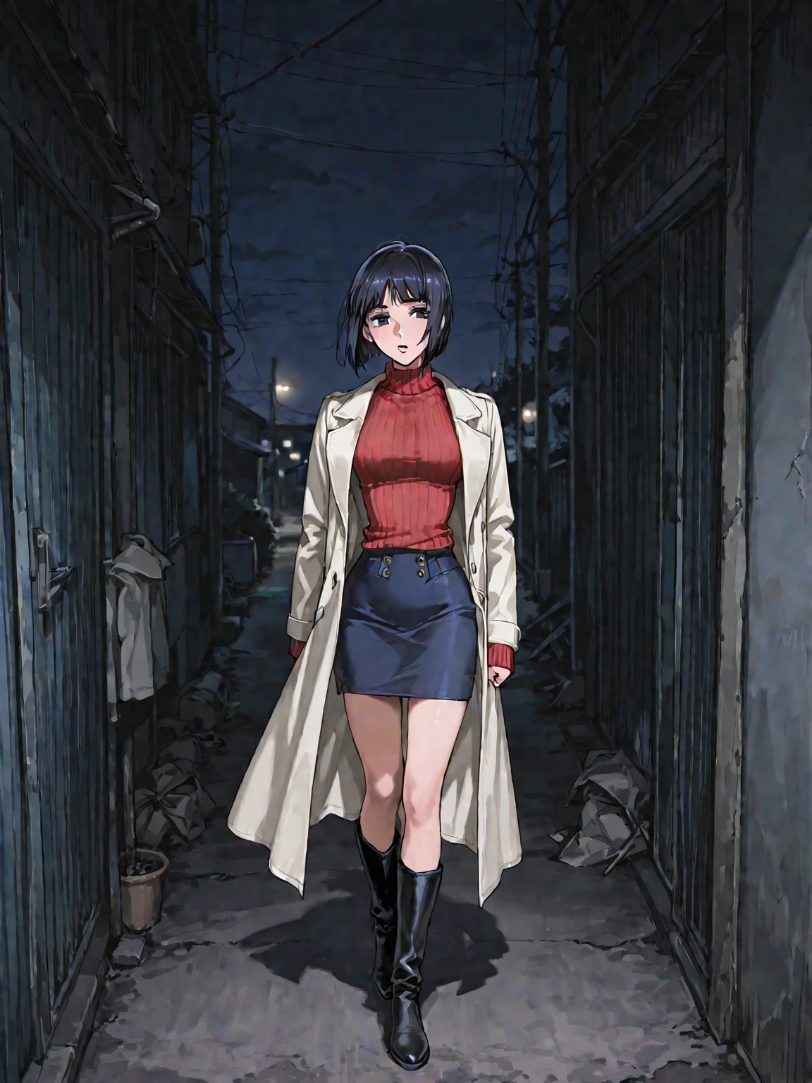 ((masterpiece)), ((best high quality)), ((perfect anatomy)), ((perfect face)), ((1woman)), ((ultra detailed)), ((alone)), ((NSFW)), mature gorgeous woman with depressed expression, in only a closed overcoat and sneakers, large breasts, well-build toned fit slim body, exposed vagina, holding a Colt M1911A1 pistol with her right hand, standing in the Tokyo empty park setting, suspense dark atmosphere, nighttime atmosphere, warm blue tone palette pattern, thriller, depression, ((8K_resolution)), ((CGI)), ((Anime_Artstyle)),