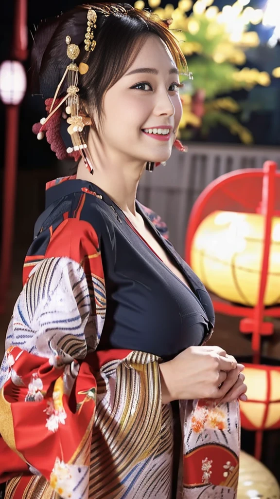 (masterpiece,best quality:1.5),(8k,raw photo,photo realistic:1.5),shiny skin,cute detailed face,detailed eyes, long black hair, (big breasts: 1.3), double eyelids, BREAK laughing, instagram photo, sexy kimono dress, night, fireworks background