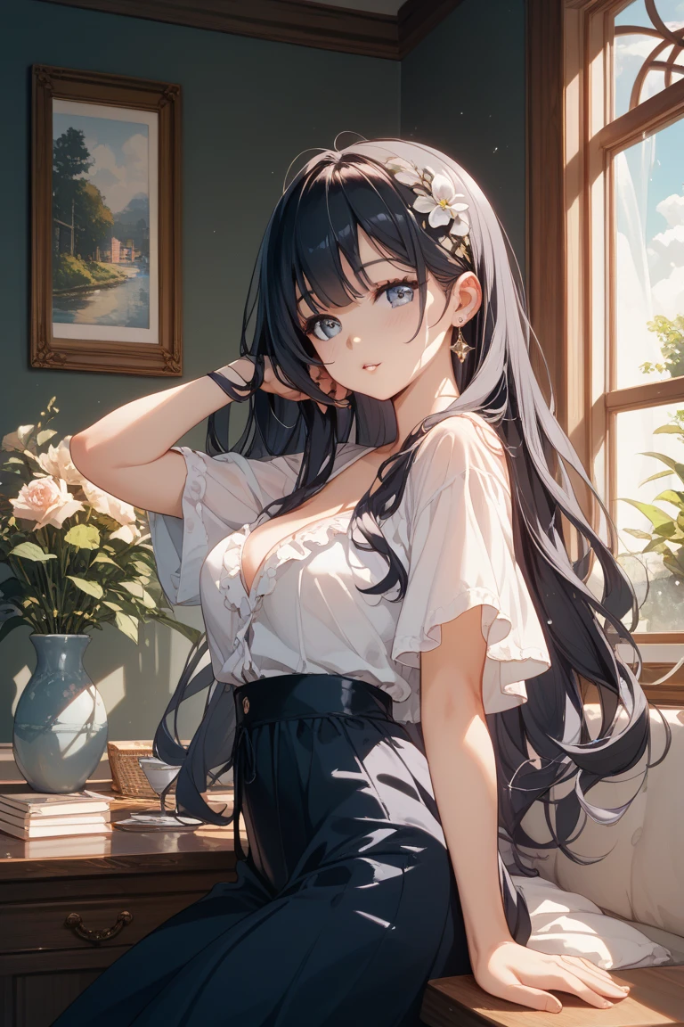 Highest quality, masterpiece, (solo:1.2), (1 female:1.2)、Age 25、Large breasts、(Slim figure)、(The humid weather makes me lazy:1.2)、Sheer white cut-and-sew top、(Thighs)、(~ side)、(White highlight in pupil:1.2)、Dark blue eyes、(Black-haired:1.2)、(Long Hair)、(View your audience:1.2)、White skin、(blush)、(Embarrassed expression)、(Blur the background to make the woman stand out.:1.3)、(Half Backlight)、Beautiful flowers in the background、Wooden study