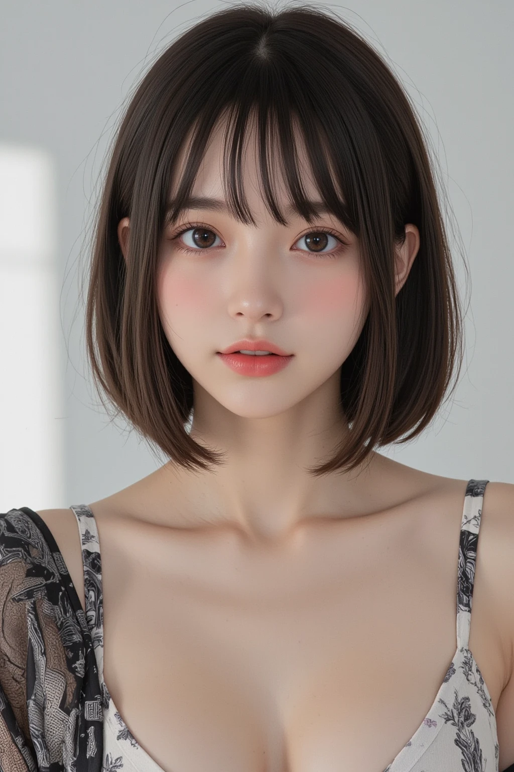 ((masterpiece, Highest quality, High resolution、Everything is beautifully detailed)), One Girl, (Realistic: 1.4), alone, White Background, snow-White Background, ((From above, A little above, look up at the viewer, look up, look up at the camera, Looking into the camera)), Mouth closed, smile, smile, smile, Beautiful black hair, bangsのあるショートヘア, Big eyes, Transparent double eyelids, eyelash, Listen carefully, Beautiful long neck, Absolute area, (Draw the whole head, shoulder), 19 years old, Attractive proportions, Glowing Skin, Beautiful clavicle, Golden ratio face, Perfect Face, Tearful mole, chestのほくろ, bangs, clean bangs, Lip gloss, Thin lips, Fair skin, naked, Big Breasts, Small face, Small face, Draw the whole head, draw all shoulder,Huge chest. Great chest、{huge|big|hugeな|Mega} chest, chestの谷間