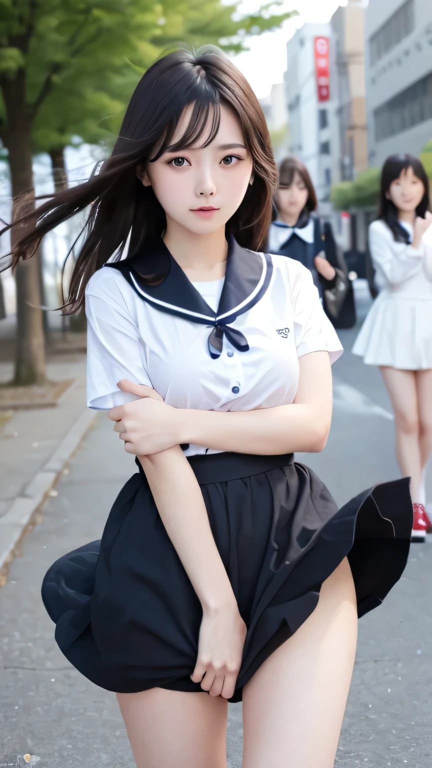 (( Three beautiful and innocent high school girls )), (( high school sailor uniform, White uniform in a dress , red scarf)), ( Morning cherry blossom trees lined street , Strong spring wind , On the way to school ), ( Her skirt flips up dark blue due to strong winds :1.4), ((she feels embarrassed to be seen in public with her pure white panties)), ((Surrounded by three cute high school girls in the city:1.2)), (beautiful black straight hair:1.2), Sensory acuity , beautiful eyes, Ultra High Precision, thighs, slender body, (Japanese, baby face, lethargic face , 23 years old), anatomically accurate in close contact with a man, beautiful breasts, (top quality、top quality、masterpiece、Ultra High Precision、reality:1.37), (detailed eyes and face:1.3、Professional Photo Shooting Techniques)、(detailed hands、Right Action:1.1)、(( beautiful hair and skirt fluttering in the wind :1.2))