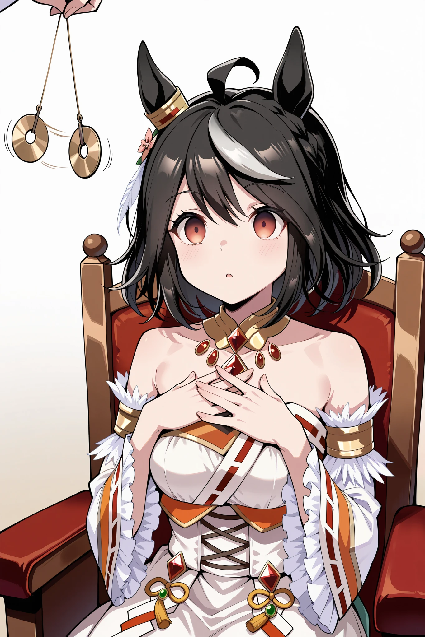 (masterpiece, ultra high definition, 16k, RAW photo, intricate), (sharp focus, crisp details), rich colors, vibrant details, noise reduction, 1girl , ((Kitasan Black \( Uma Musume\)), (One Pendulum , Swinging pendulum, Pendulum before her eyes:2), Another person's hand holds a pendulum, (empty eyes, half closed eyes, Sleepy eyes:2), Place both hands on your chest , sitting chair, official costume, Skirt, (whiteパンティ), Motion line, (cowboy shot), white, Jubilant Star Kisshogaku , Long Sleeve, white毛皮の襟, Armlet, white strapless Japanese dress with another person's hand holding a pendulum string , Parallel Side Strap