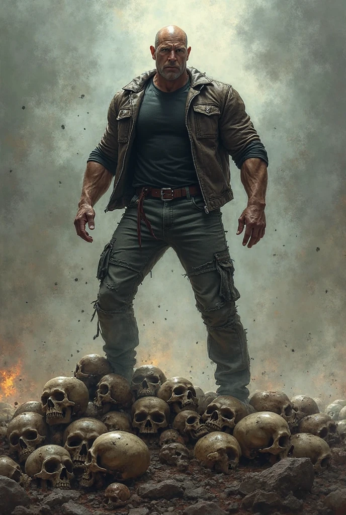 Create me an image of Arnold Schwarzenegger fighting skeletons