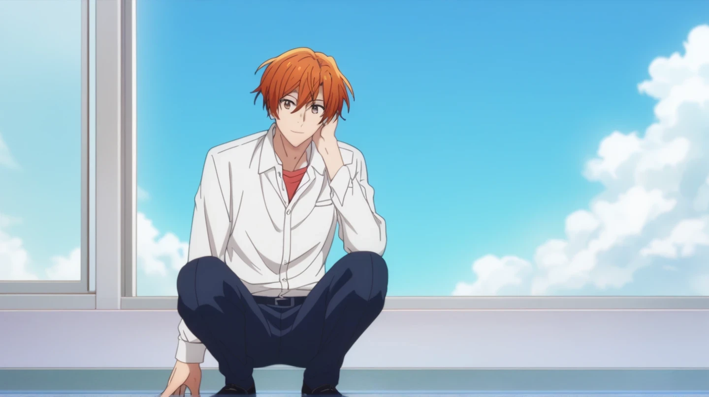man, un man, short hair, orange hair, brown eyes , navy blue school pants, white school dRess shiRt, Arrogant smile, crouched posture, En cuclillas, On the schoolyard , sitting on the floor, cloudy sky , gray rain clouds,Anime by Sasaki Shummei, crouched posture, from the front, Open legs