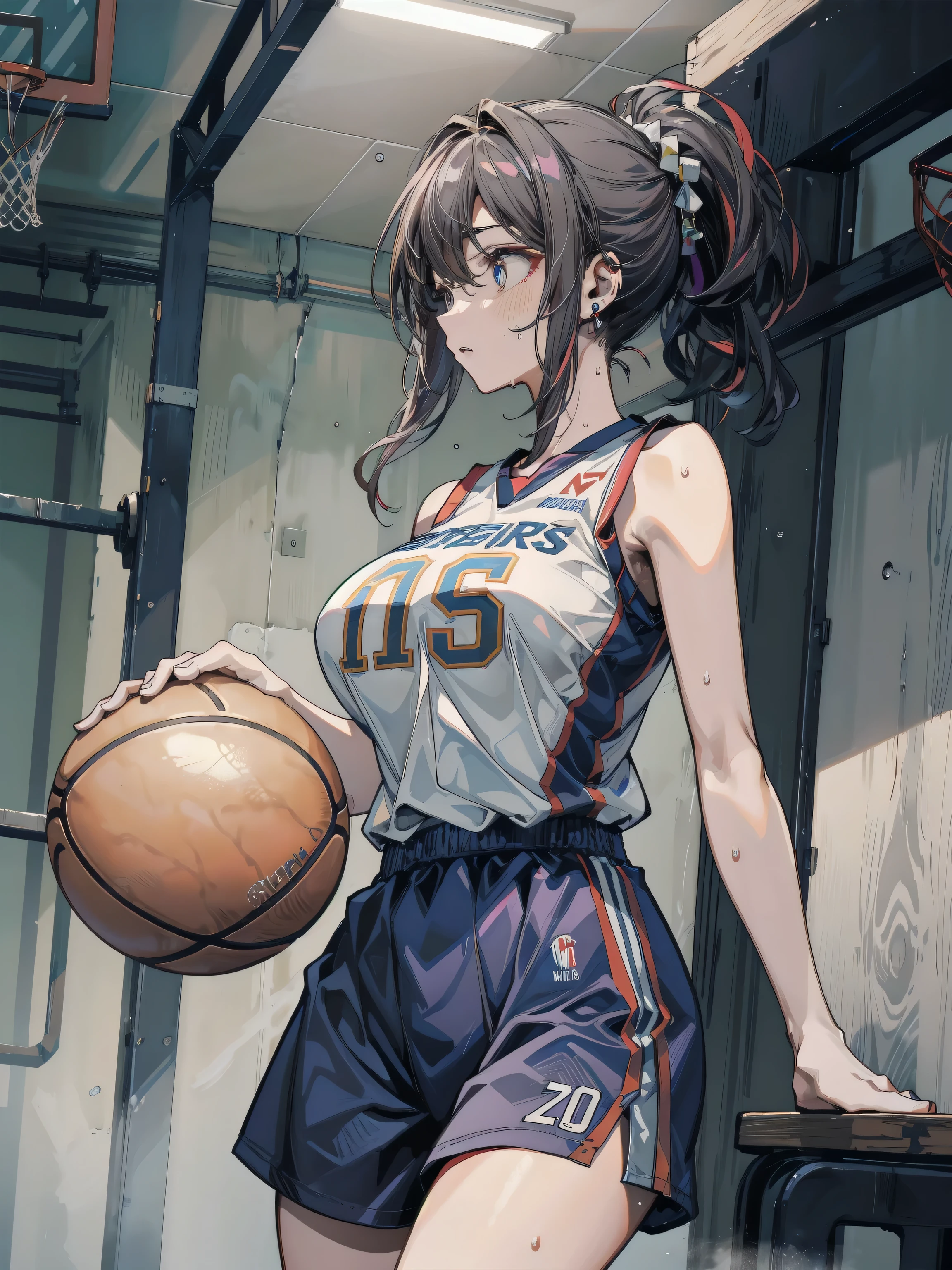 (8k, best quality, masterpiece:1.2), (realistic, photo-realistic:1.37), ultra-detailed,best quality, ultra high res, professional lighting, photon mapping, radiosity, physically-based rendering, cinematic lighting, basketball court,depth of field, sharp focus,sunbeam, good composition,(bokeh:1.2) 1girl,solo,(full body), (closed mouth),beautiful detailed eyes, pose, narrow waist,basketball uniform, black hair,messy hair,long hair floating in wind,(ulzzang-6500:1.2),  mix4, hiqcgbody