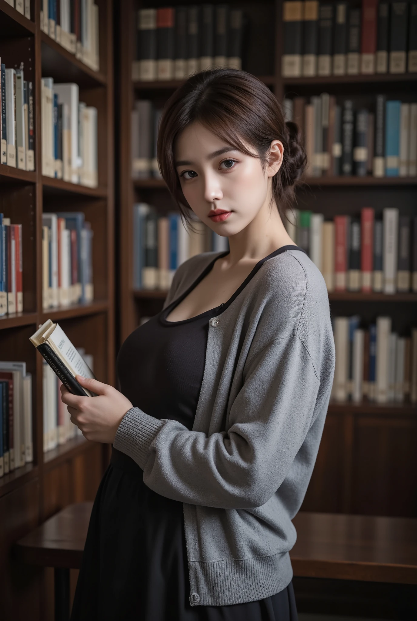 1girl, solo , korean ulzang girl, Beautiful face, Perfect face, Highly detailed beautiful face and eyes, , Detailed face, Delicate facial features, Detailed skin, skin textures, mole, Perfect Nose, Pefect mouth, Perfect Lips, natural skin, Curvy, Slighty thin belly, Sexy waist, cardigan, casual dress, long skirt, standing in the library, reading a book, upper body shot, cinematic lightning, dramatic light.