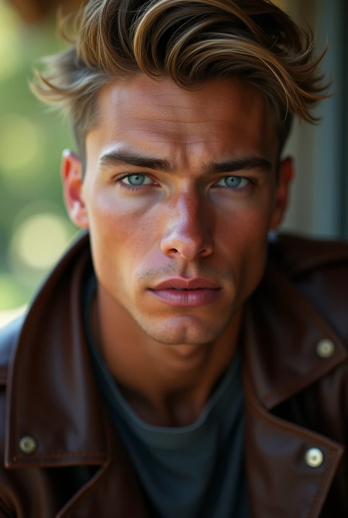 Create a light brown man with golden hair and purple eyes.. With blue and green and gray and brown, those colors look good but in a natural way