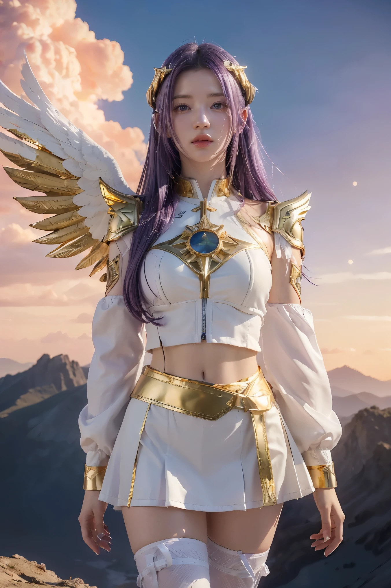 ((masterpiece, best quality, extremely detailed), volumetric lighting, ambient occlusion, colorful, glowing),
1girl, solo, young girl, (purple hair), long hair, halo, aura, sacred, goddess, cleric suit, (white outfit with gold detailst:1.3), angel wings,
outdoors, sunset, sky, clouds, space, (fantasy theme:1.2),