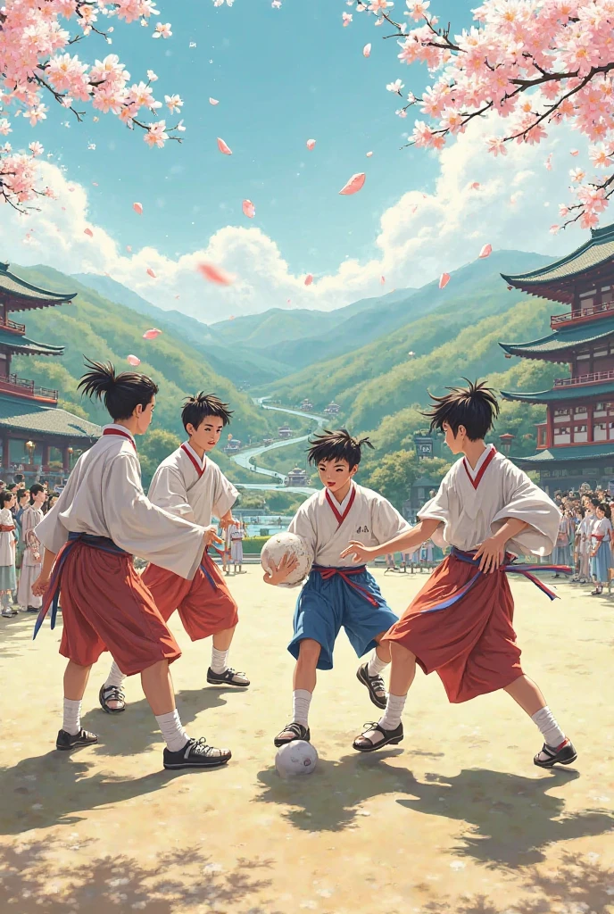 a japanese father playing football with his two boy sons and very realistic