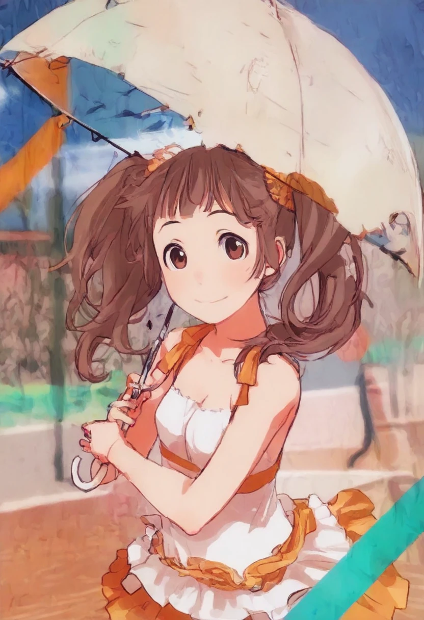 ( masterpiece、 最高quality、 最高quality、Official Art、 beautiful and beautiful :1.2)、(one girl:1.3) Hatsune Miku、twin tails, beautiful breasts,quality\(8k,非常に精細なCGユニットの wallpaper, masterpiece,high resolution,top-quality,top-quality real texture skin,surreal,increase resolution,RAW photo,最高quality,very well detailed, wallpaper\),break、 Mary Poppins、(the girl is holding an umbrella instead of a parachute、Alone、pretty girl、smile:0.2、Point to a large umbrella 、 holding an umbrella firmly 、brown hair、 spiny hair)、break、(Girl Falling from the Sky、 girl falling due to the buoyancy of the umbrella 、完璧に計算された spiny hairの毛、flip up skirt)、break、Wide sky、blue sky、orange roof spreading underneath、blurry background