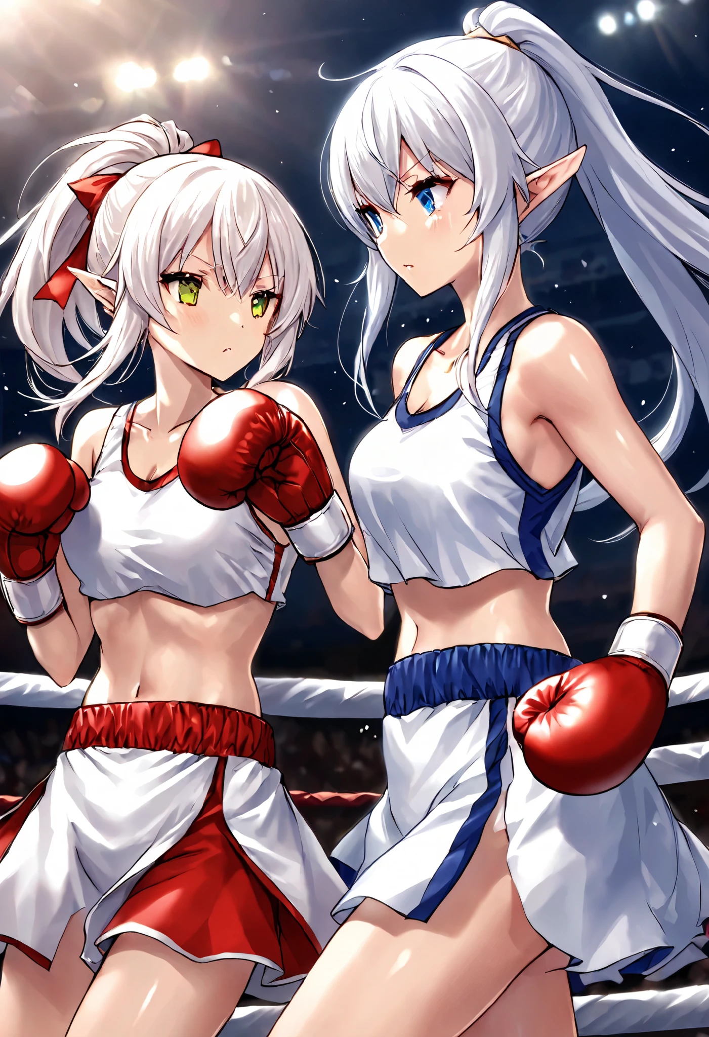 elf boxer、 boxingグローブ、punch、During the match、 boxing、long ponytail、white hair、passionate