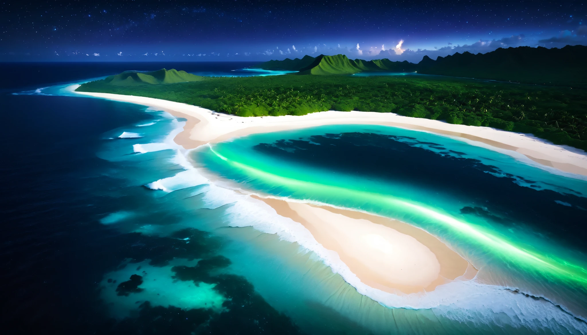 超high image quality during sick leave,high image quality during sick leave,high quality,Spectacular views at night,Tropical Beach, light green to bright green ,The ocean breeze is blowing,blue fluorescent beaches expand spectacular ocean views,Blue light shines on big waves, very mysterious and beautiful ,Glowing Waves , night light appears on waves , emits ,Biofluorescence,Various microorganisms are the light source, that shines steadily , shows all kinds of light ,Glows from blue to bright blue-green、 fiery red , Ndulu Island also has 、There are also dark purple and orange single-light beaches, Maldives,The shining Milky Way Galaxy is clearly visible in the sky,