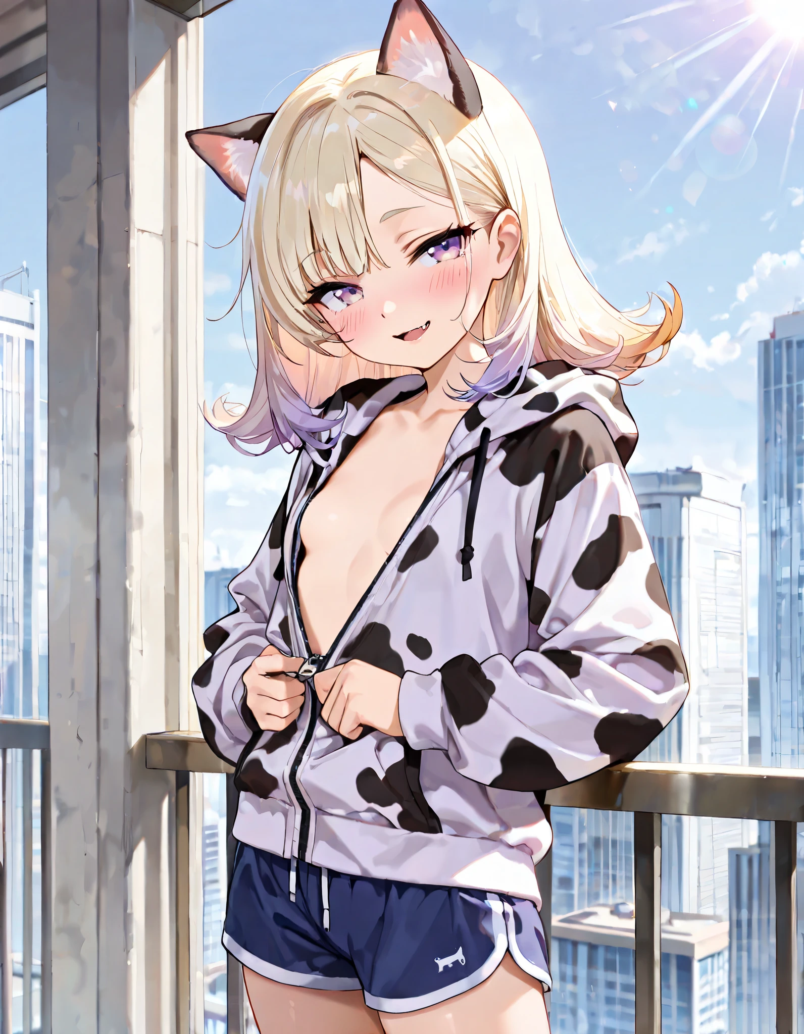 ((Masterpiece)), ((best quality)), (8K), (from side), (detailed background:1.2), (ultra-detailed:1.2), (High resolution:1.3), (Professional Photography:1.2), (very aesthetic:1.2), (absurdres:1.2), (sharp focus), (scenery), ((1girl)), cute young girl, ((ash blonde hair)), Textured skin, ((wearing Cow-patterned oversized hoodie, hoodie with zip, hoodie with Cow print)), (gym shorts, Navy blue shorts), (Healthy Gaunt body), small breast, (medium hair, hair flick outward, softly flipped hair), (Asymmetrical bangs, softly covering part of face, long side bangs), gradient hair, pink color Hair Tip, beautiful collarbones, (tilt head), (put on cat ears), BREAK ((seductive smile, blush)), open mouth, sharp fangs, Thin and short eyebrows, (cute cheeks), glossy lips, pouty lips, (lower eyelashes), ((pale purple eyes, gradient eyes, looking at side)), ((unzipping the hoodie, unzip by self, slightly exposed small breast)), Leaning against the balcony fence, (Metropolis spreading out below, outside the Skyscraper balcony), intense sunlight,