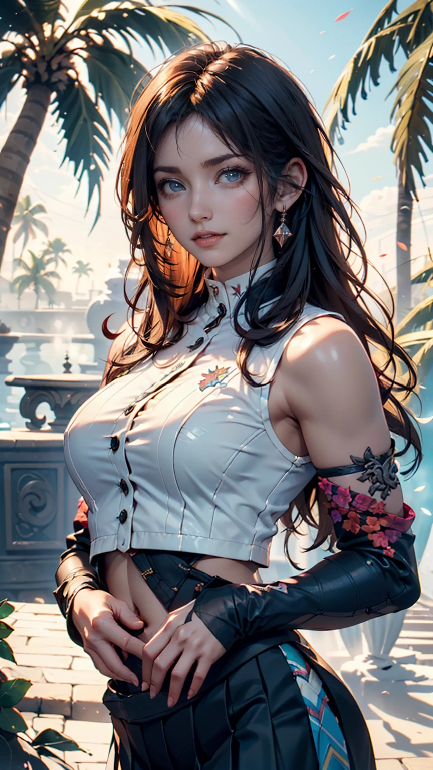 24-year-old female、Side-swept chignon((good site))、Tight high neck tops、No sleeve、Skinny jeans、Silver accessories on the wrist、heart tattoo on shoulder、pumps、blue sky, White cloud, Sunny grassland as far as the eye can see