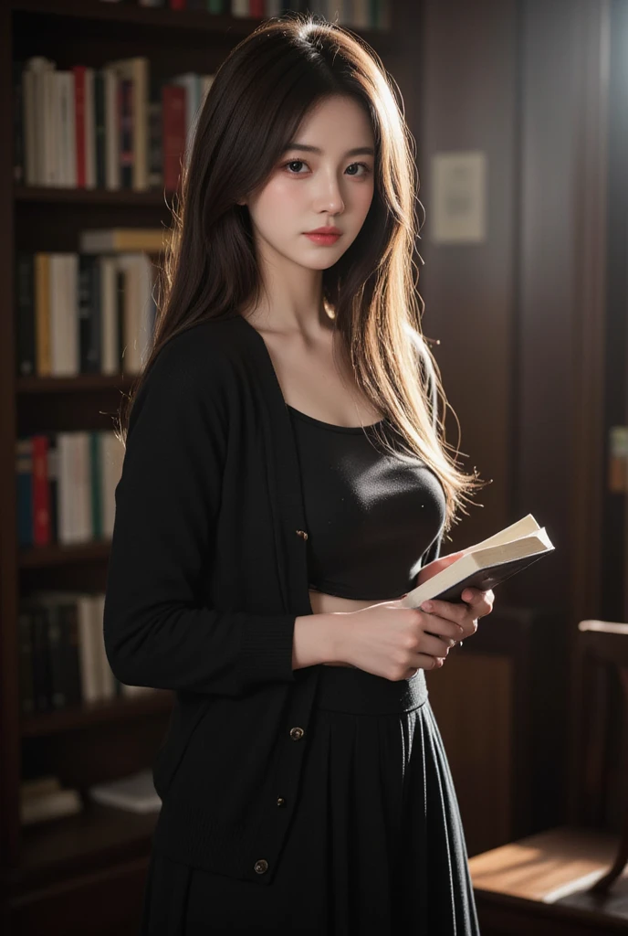 Fantasy art, photorealism, dynamic lighting, artstation, poster, volumetric lighting, very detailed faces, (official uniform: 1.4), long hair, sweater, delicate collarbone, bare shoulders, full breasts