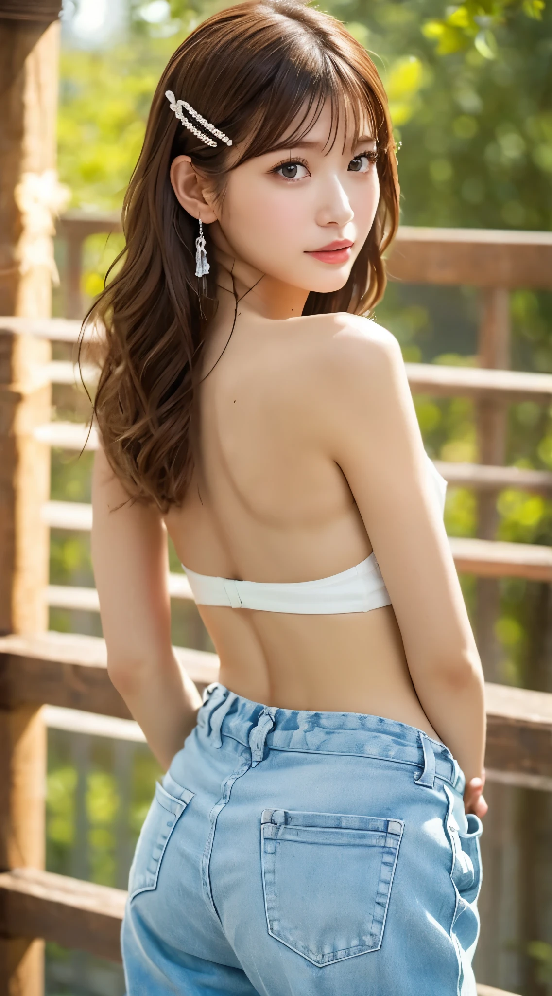 Highest quality、Ultra-high resolution、masterpiece、Clear photos、(Very cute girl、beautiful girl、The cutest Yoda Yuki)、(whole body)、(The cutest face)、 Berry Shortcut、Low-rise denim pants:1.8、Thong panties are visible、 Upper body naked、Vivid depiction、I look down at her from behind、She stands with her back to me、Smile、slouch 