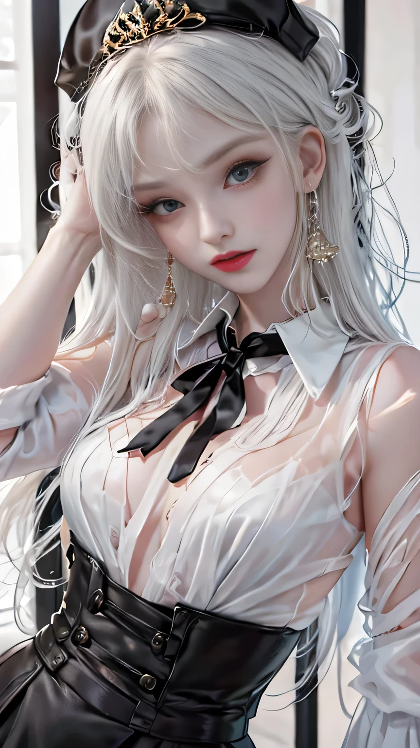 Photorealistic, high resolution, 1womanl, Solo, view the viewer, (Detailed face), White hair, Long hair, Maid outfit, jewelry,,Sitting down,spread their legs,hand behind head, ,(big breasts exposed cleavage),Fingers open