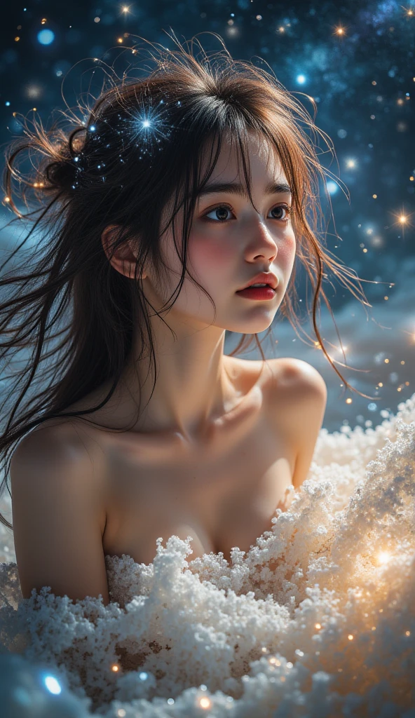 Beautiful girl with long black hair is taking a hot open-air bath while looking at the starry sky、barechested、She hides her breasts with a towel、Steam rises from the open-air bath、Picture of the night sky seen from behind、masutepiece、realisitic
